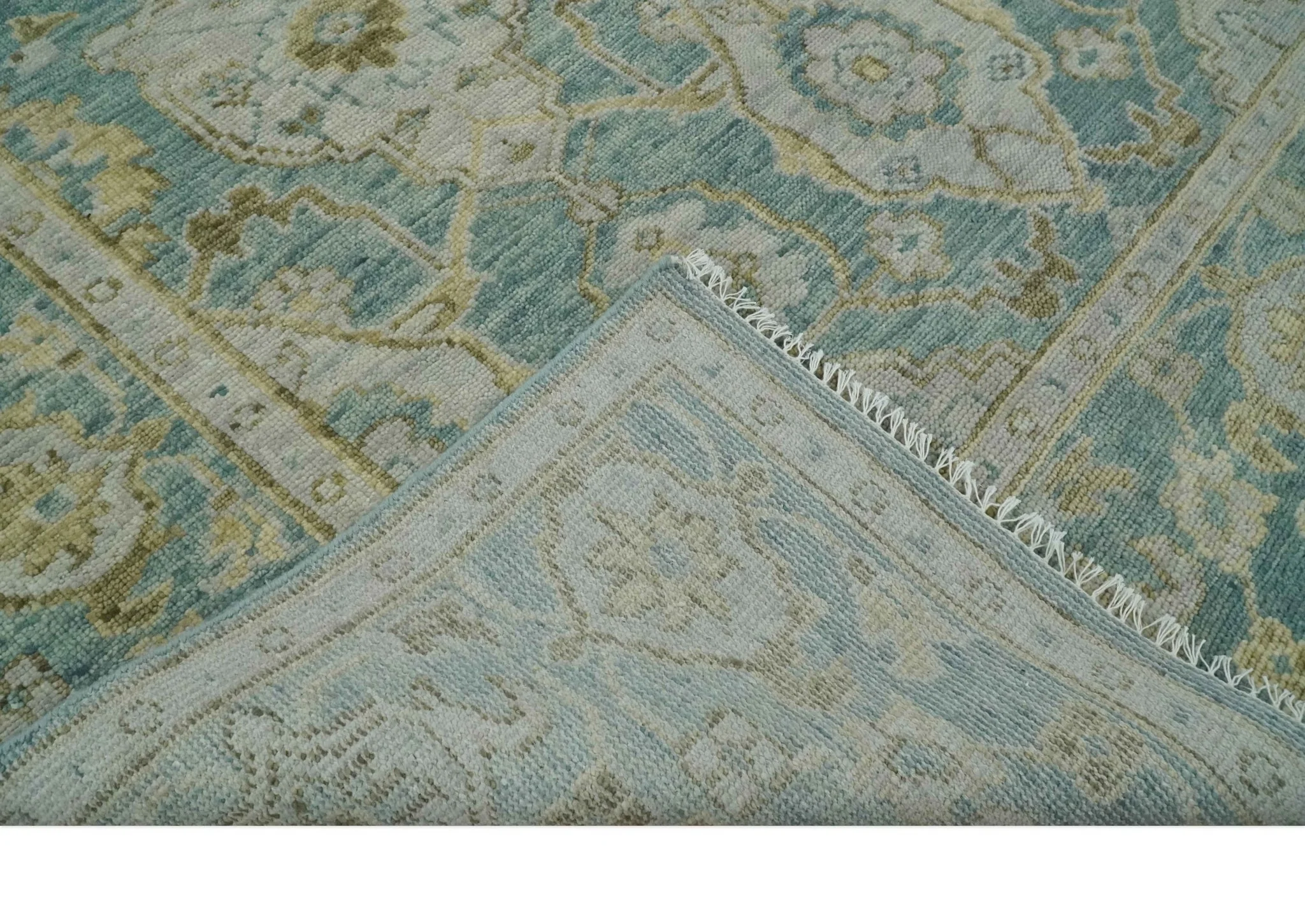 Hand Knotted Traditional Turkish Teal Oushak Wool Rug - Image 6