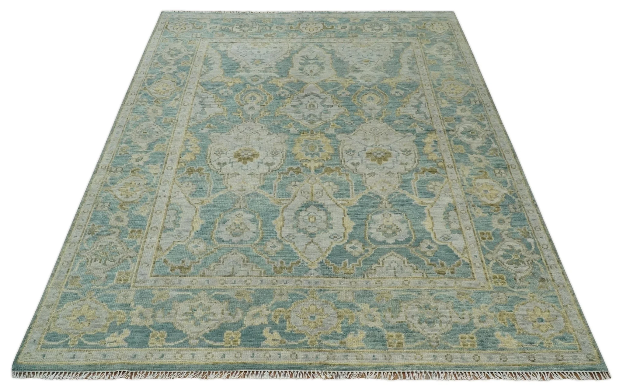 Hand Knotted Traditional Turkish Teal Oushak Wool Rug - Image 8