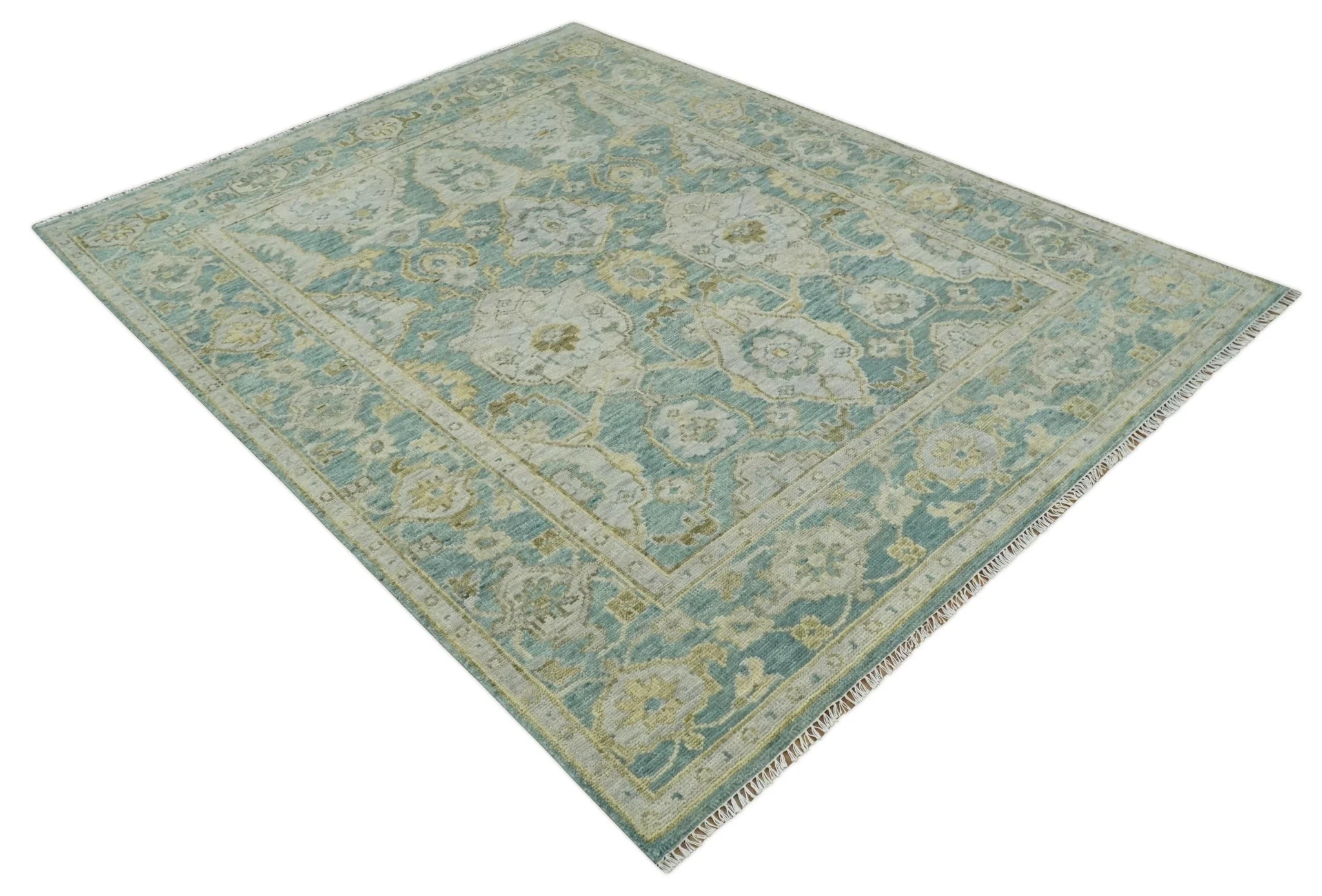 Hand Knotted Traditional Turkish Teal Oushak Wool Rug - Image 9