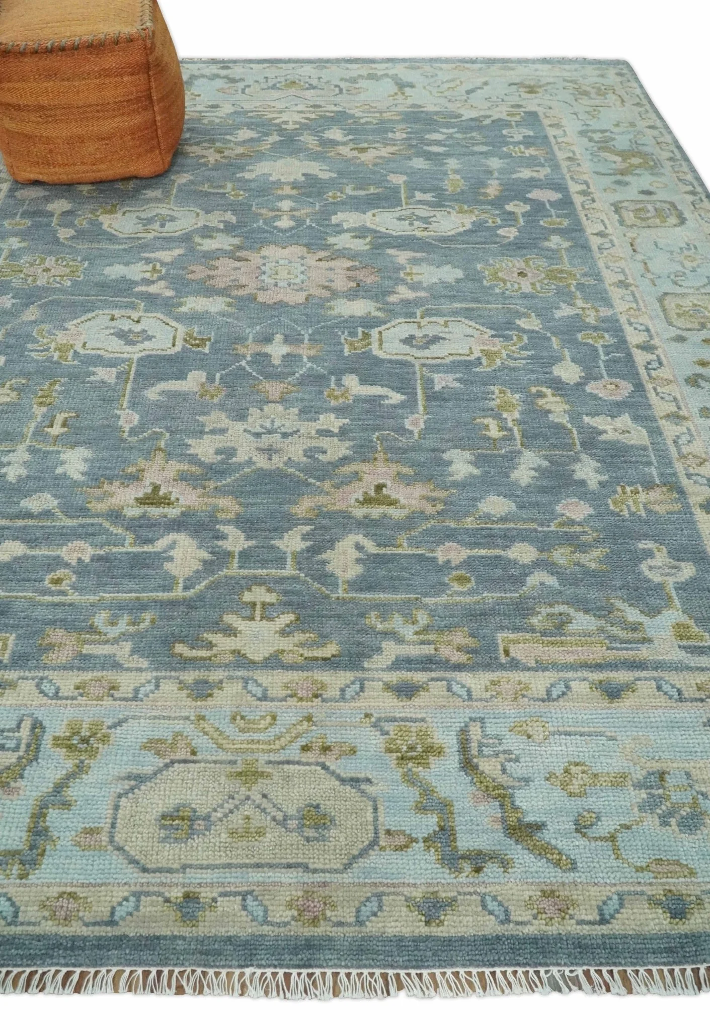 Custom Made Hand Knotted Gray, Blue and Beige Traditional Oushak Wool Area Rug - Image 2
