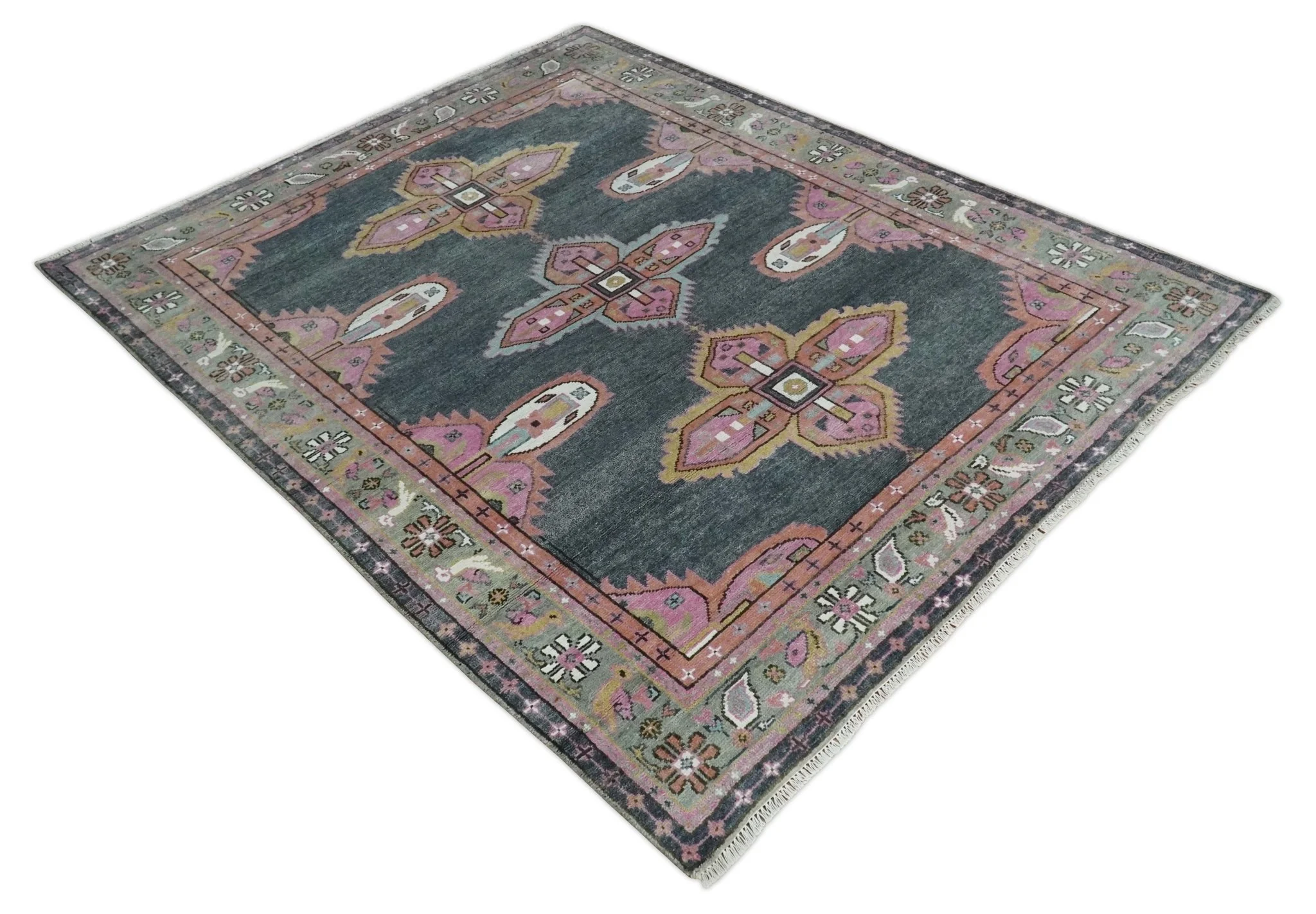6x9 and 8x10 Hand Knotted Gray, Silver and Pink Traditional Wool Area Rug - Image 9