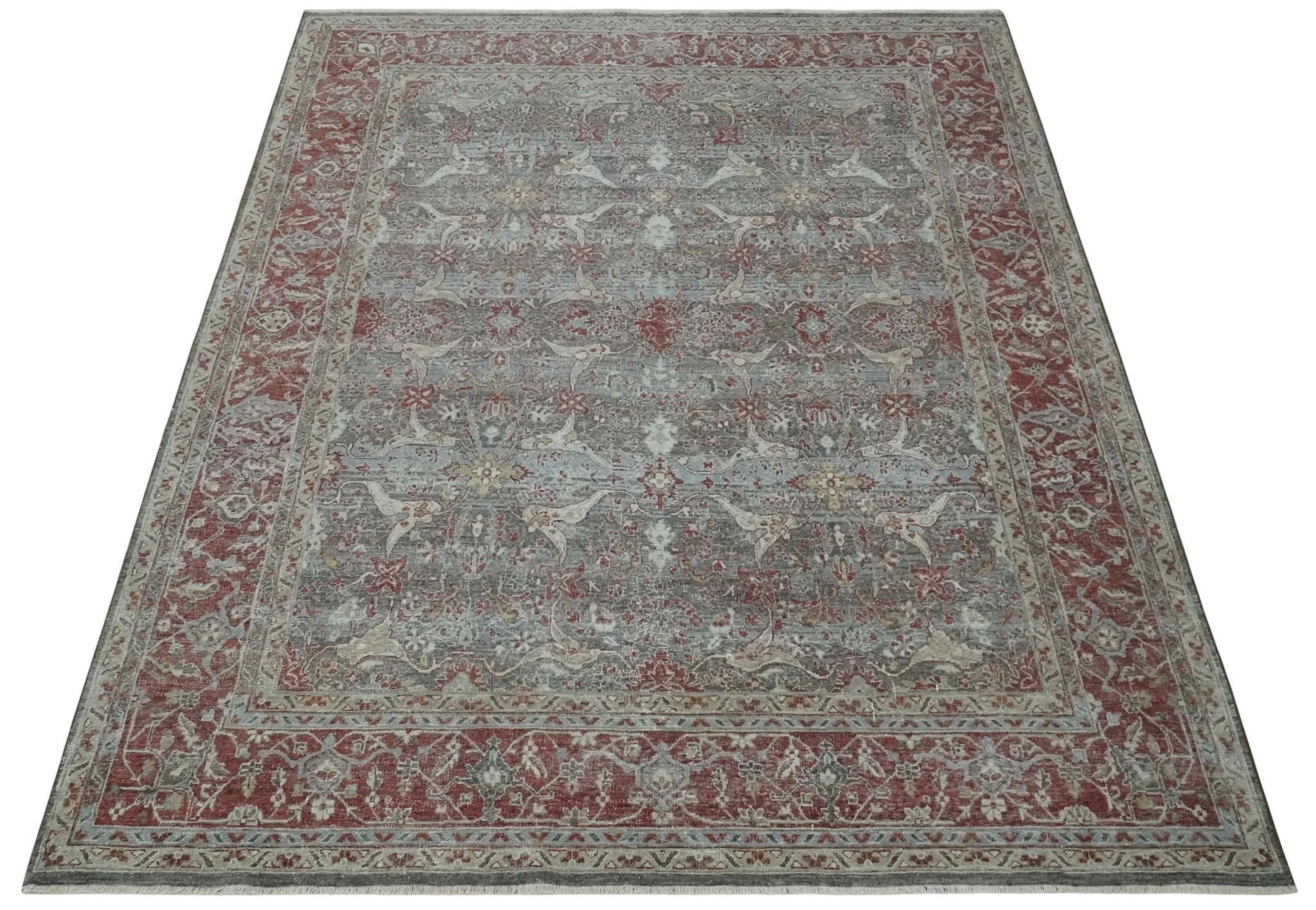 Antique Style Vintage Finish Low Pile Hand Knotted Gray, Silver and Rust Traditional Oushak Wool Rug | TRD2779 - Image 10