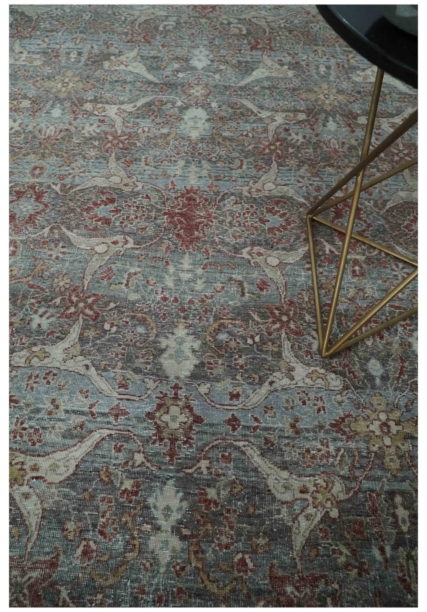 Antique Style Vintage Finish Low Pile Hand Knotted Gray, Silver and Rust Traditional Oushak Wool Rug | TRD2779 - Image 2
