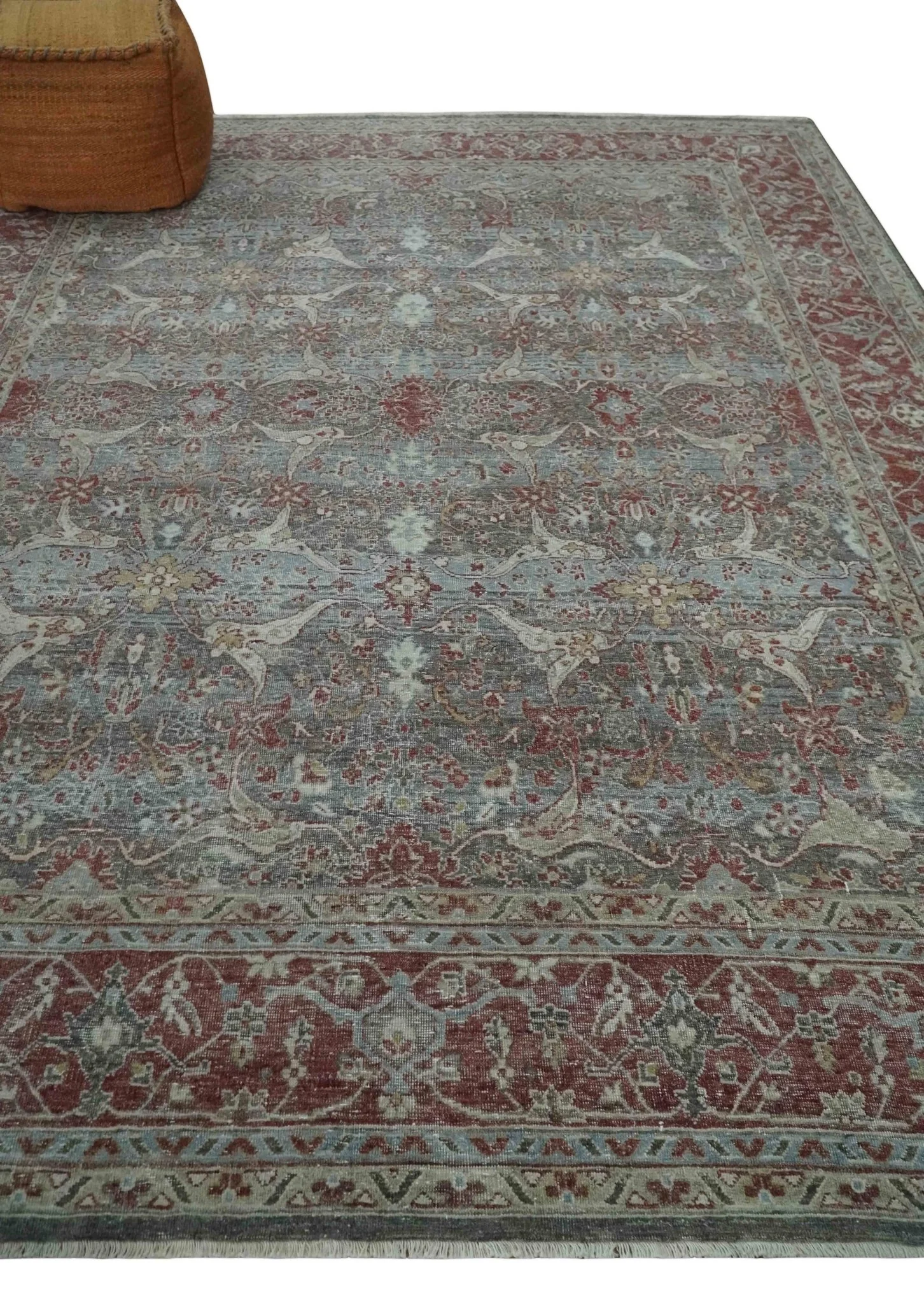 Antique Style Vintage Finish Low Pile Hand Knotted Gray, Silver and Rust Traditional Oushak Wool Rug | TRD2779 - Image 3