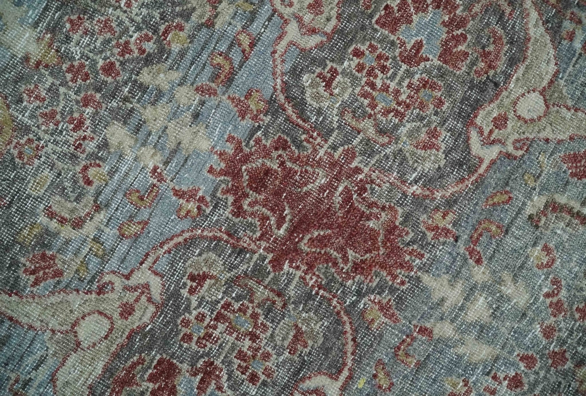 Antique Style Vintage Finish Low Pile Hand Knotted Gray, Silver and Rust Traditional Oushak Wool Rug | TRD2779 - Image 4