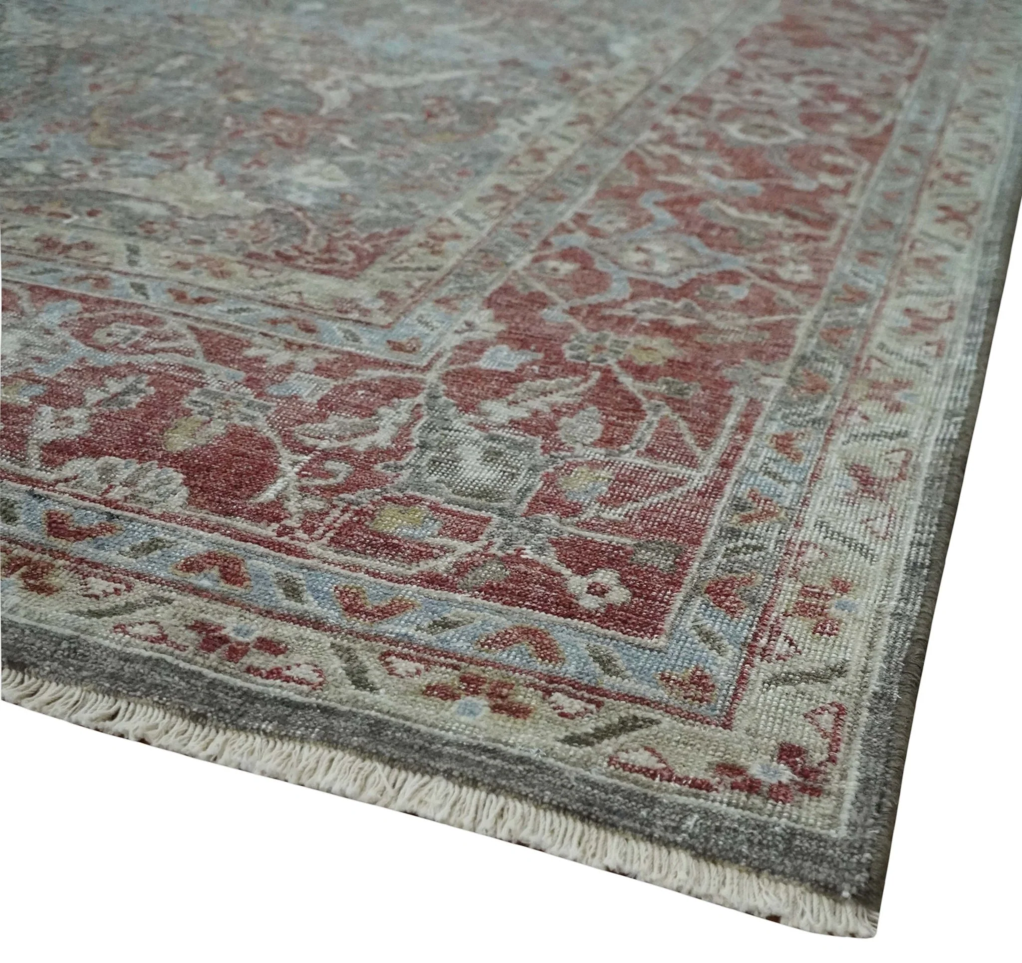 Antique Style Vintage Finish Low Pile Hand Knotted Gray, Silver and Rust Traditional Oushak Wool Rug | TRD2779 - Image 5