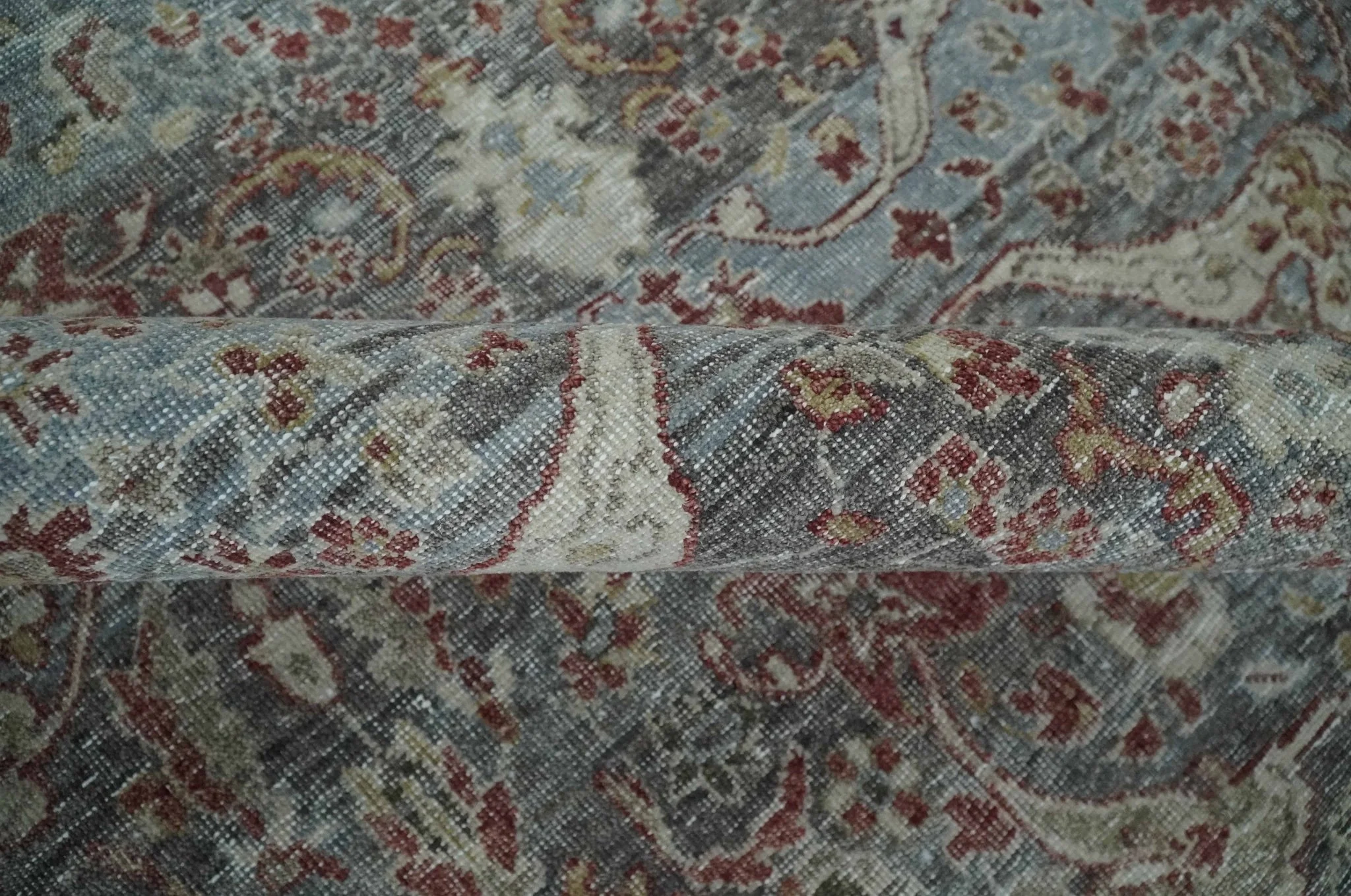 Antique Style Vintage Finish Low Pile Hand Knotted Gray, Silver and Rust Traditional Oushak Wool Rug | TRD2779 - Image 6