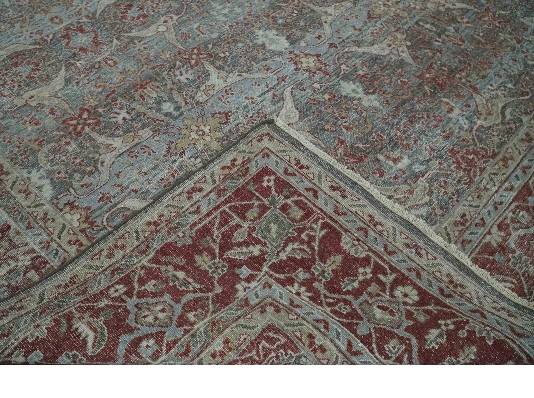 Antique Style Vintage Finish Low Pile Hand Knotted Gray, Silver and Rust Traditional Oushak Wool Rug | TRD2779 - Image 7
