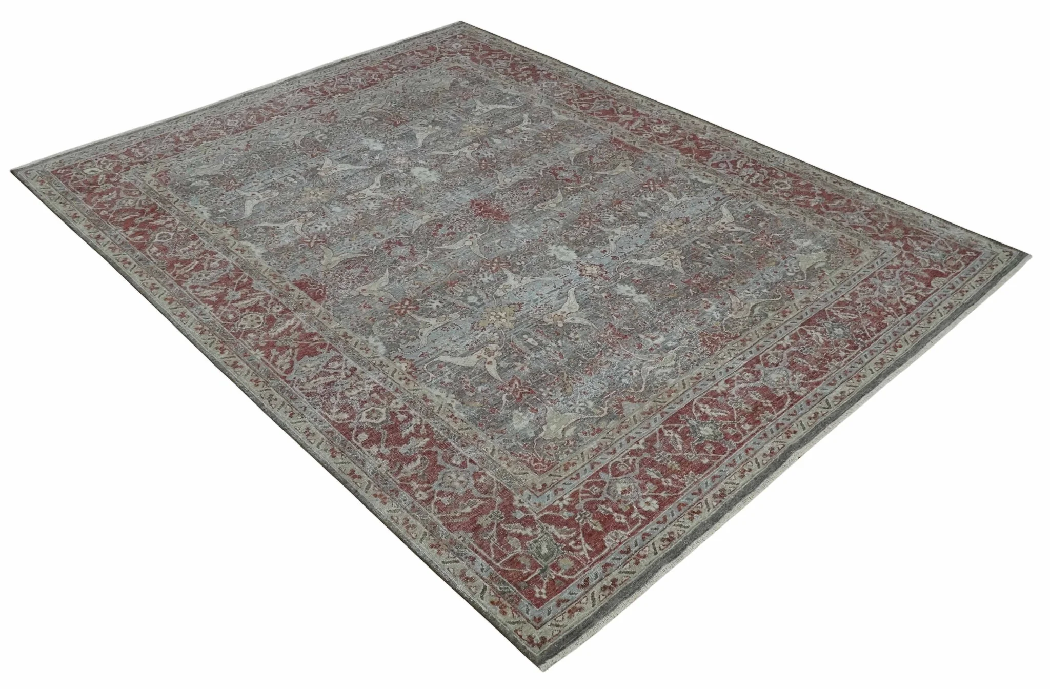 Antique Style Vintage Finish Low Pile Hand Knotted Gray, Silver and Rust Traditional Oushak Wool Rug | TRD2779 - Image 9