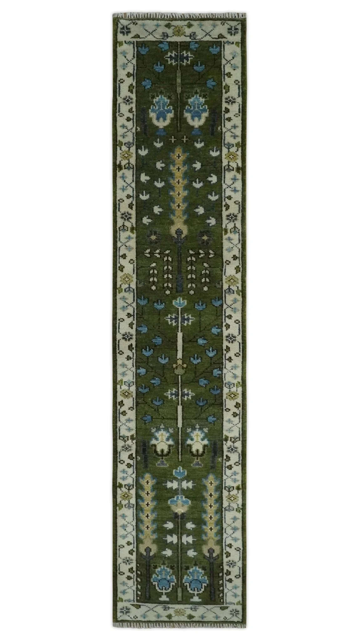 Hand Knotted Royal Green and Ivory Traditional Turkish Style Tree Of Life Multi Size Wool Area Rug - Image 13