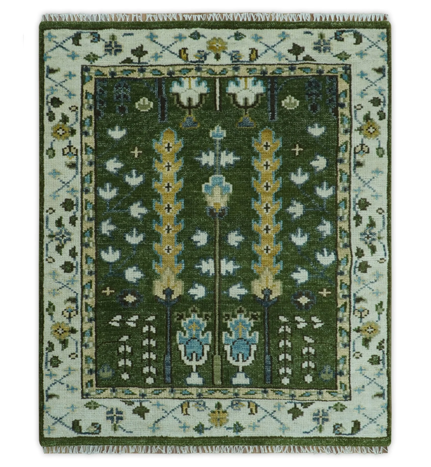 Hand Knotted Royal Green and Ivory Traditional Turkish Style Tree Of Life Multi Size Wool Area Rug - Image 15