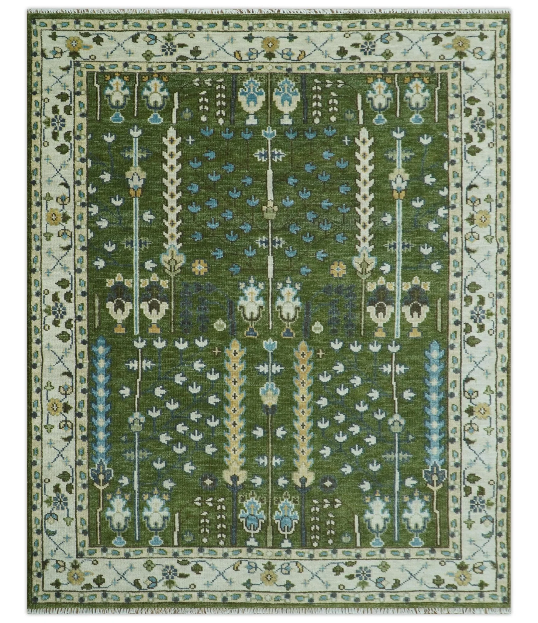 Hand Knotted Royal Green and Ivory Traditional Turkish Style Tree Of Life Multi Size Wool Area Rug - Image 16