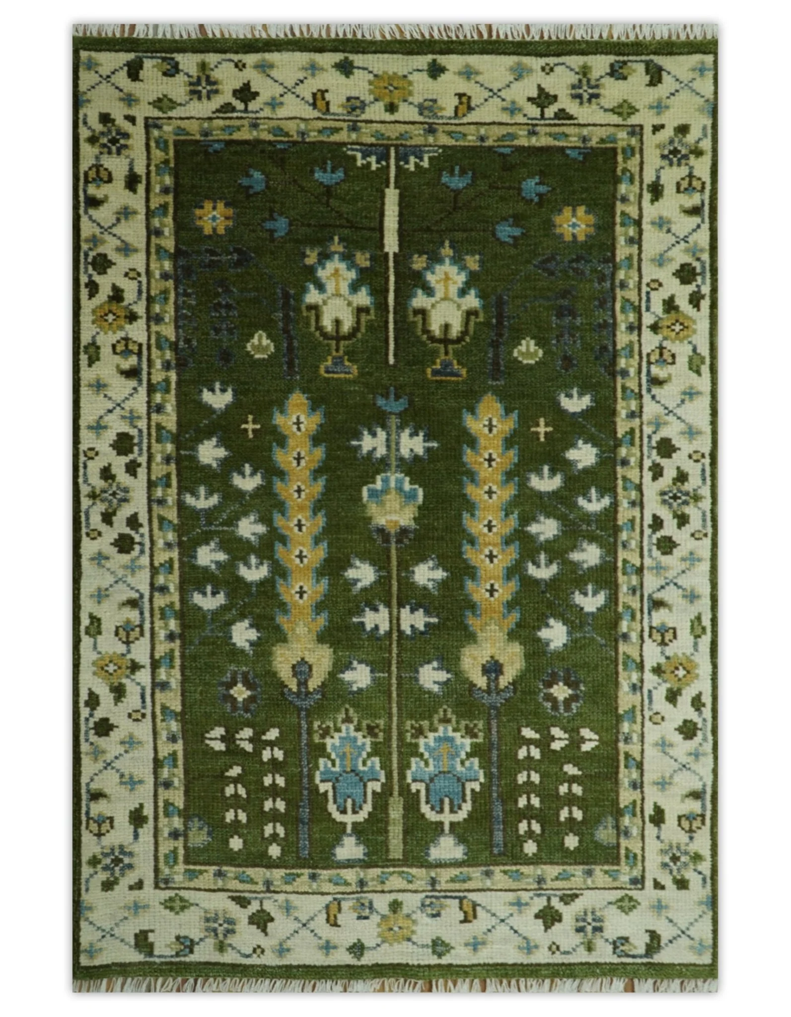 Hand Knotted Royal Green and Ivory Traditional Turkish Style Tree Of Life Multi Size Wool Area Rug - Image 17