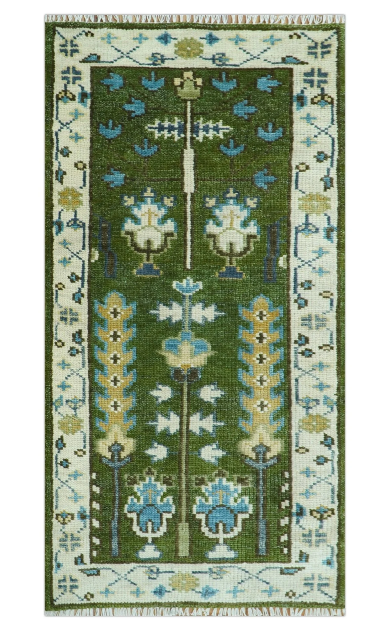 Hand Knotted Royal Green and Ivory Traditional Turkish Style Tree Of Life Multi Size Wool Area Rug - Image 19