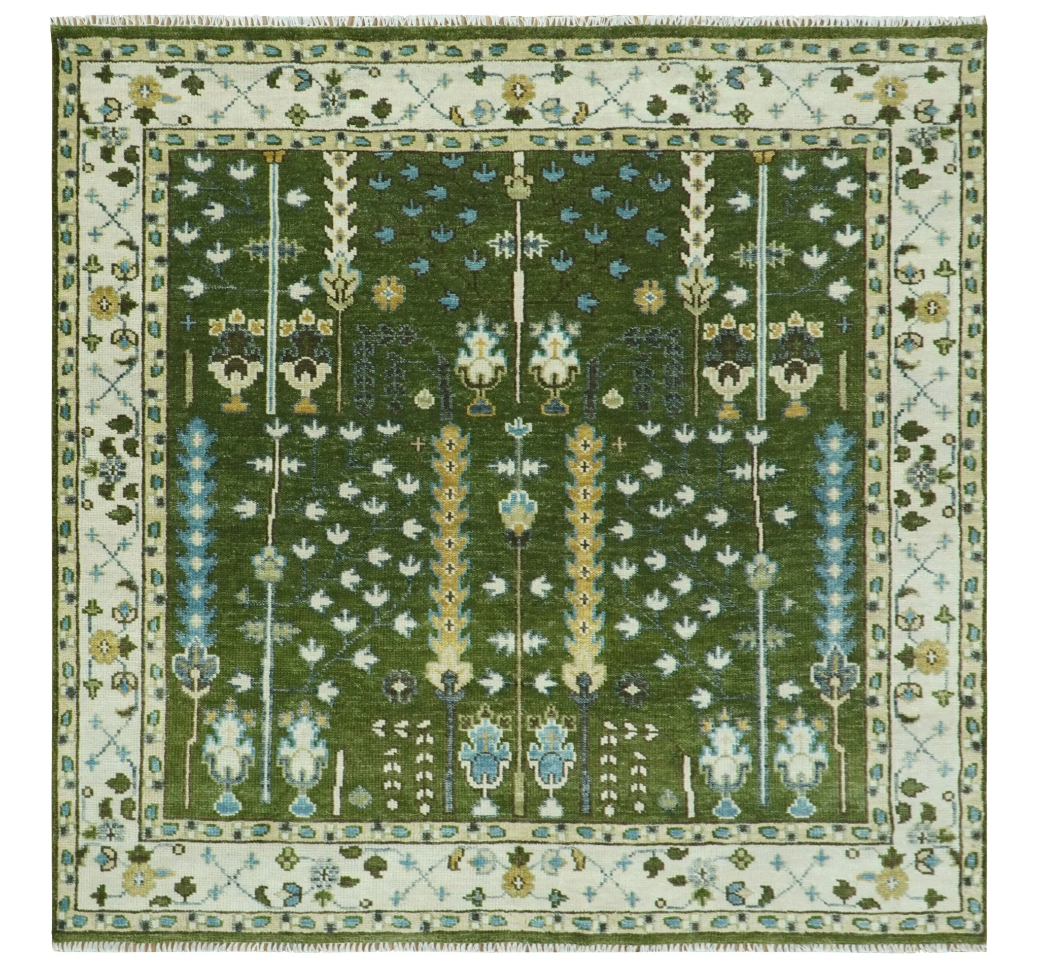 Hand Knotted Royal Green and Ivory Traditional Turkish Style Tree Of Life Multi Size Wool Area Rug - Image 20