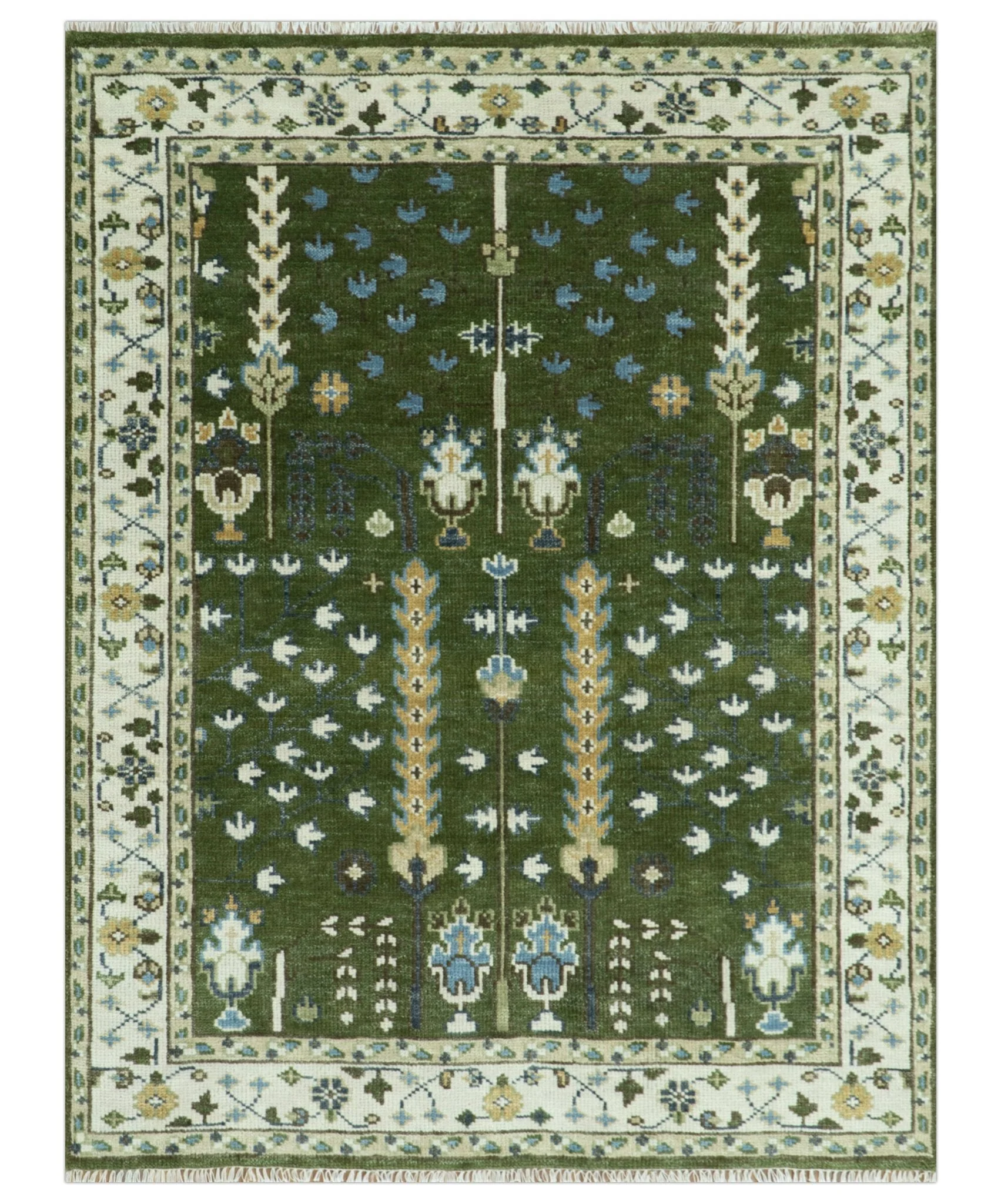 Hand Knotted Royal Green and Ivory Traditional Turkish Style Tree Of Life Multi Size Wool Area Rug - Image 21