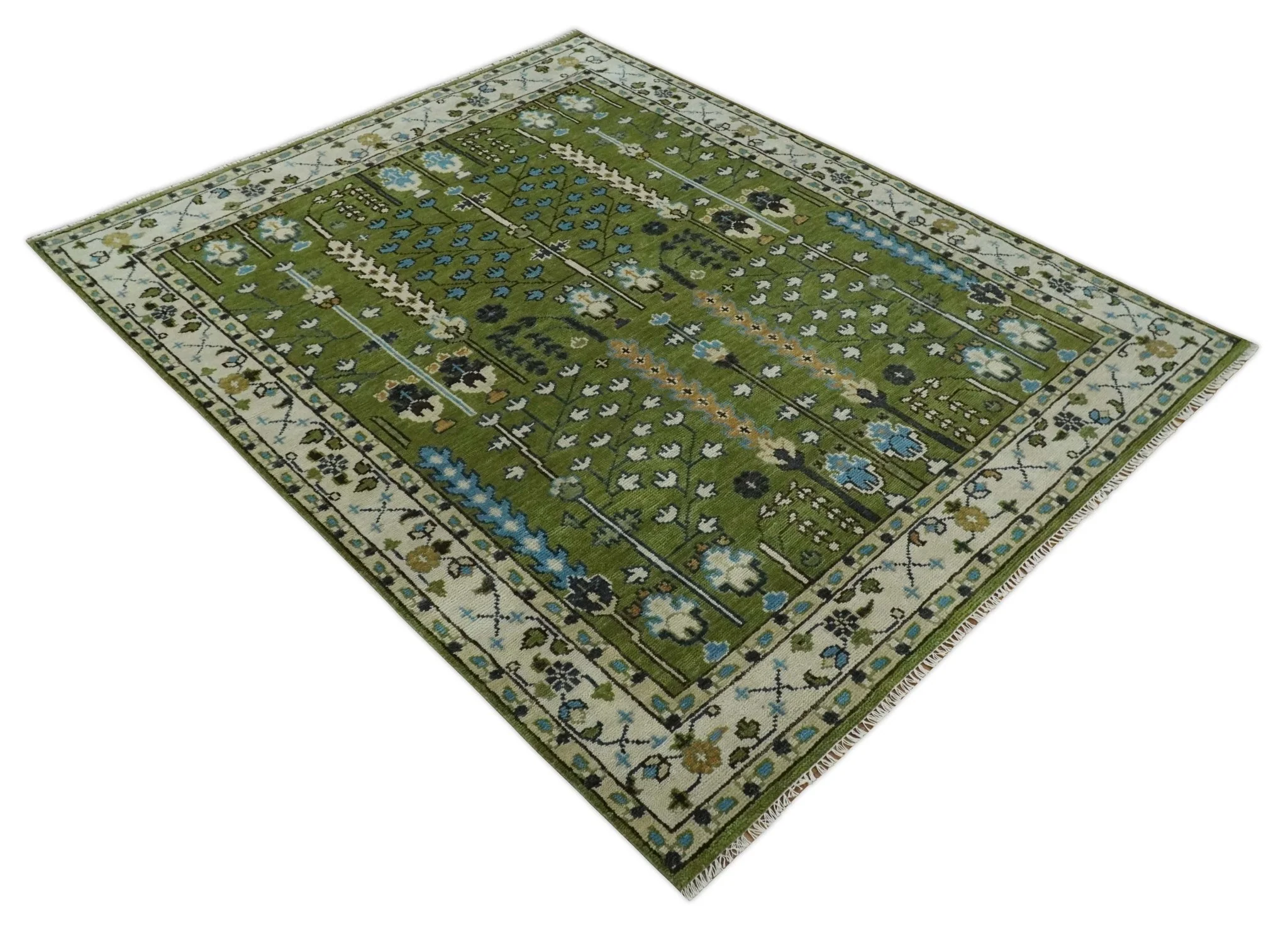 Hand Knotted Royal Green and Ivory Traditional Turkish Style Tree Of Life Multi Size Wool Area Rug - Image 22