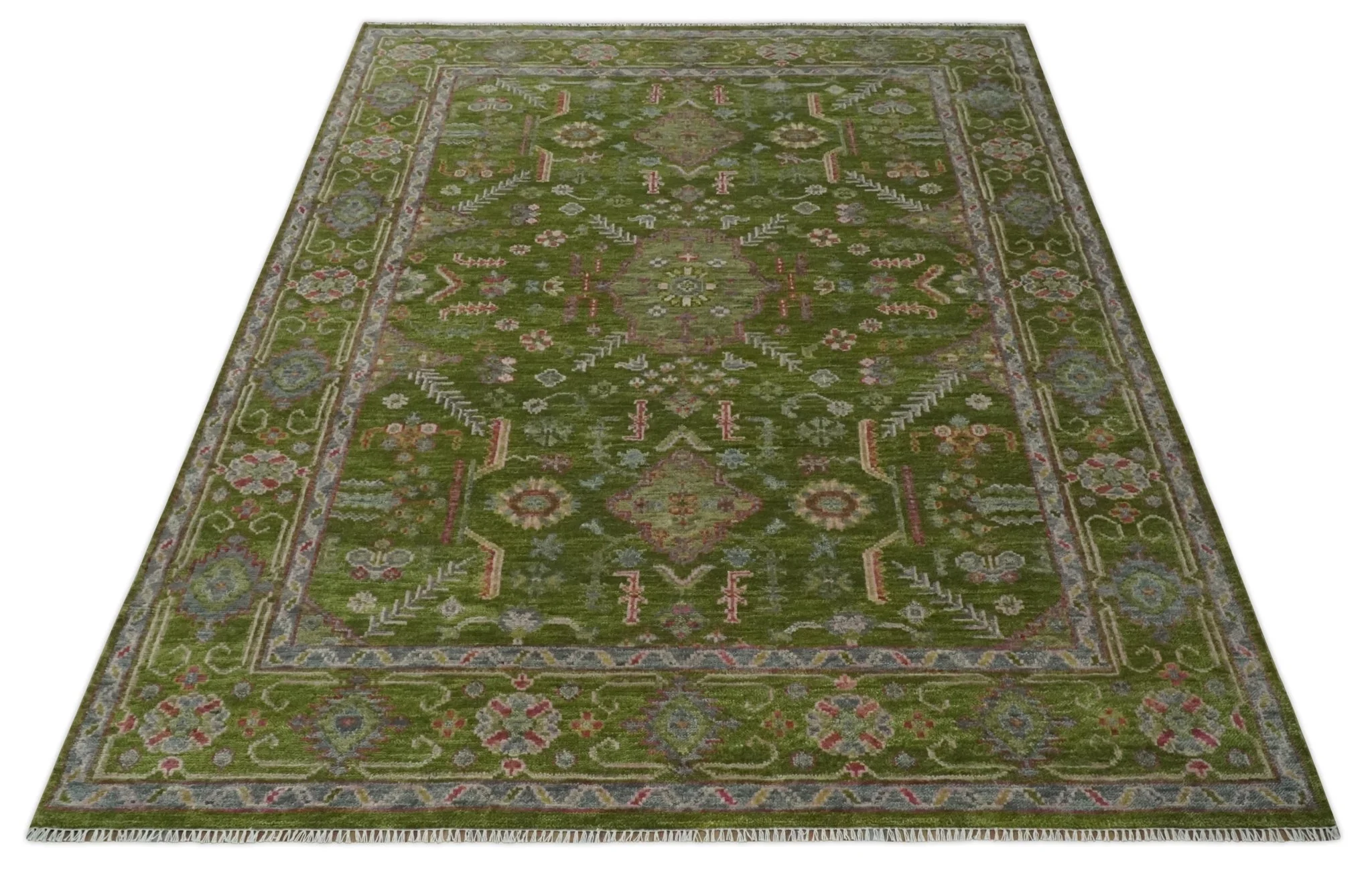 Hand Knotted Green and Silver Traditional Multi Size Antique Wool Area Rug - Image 10