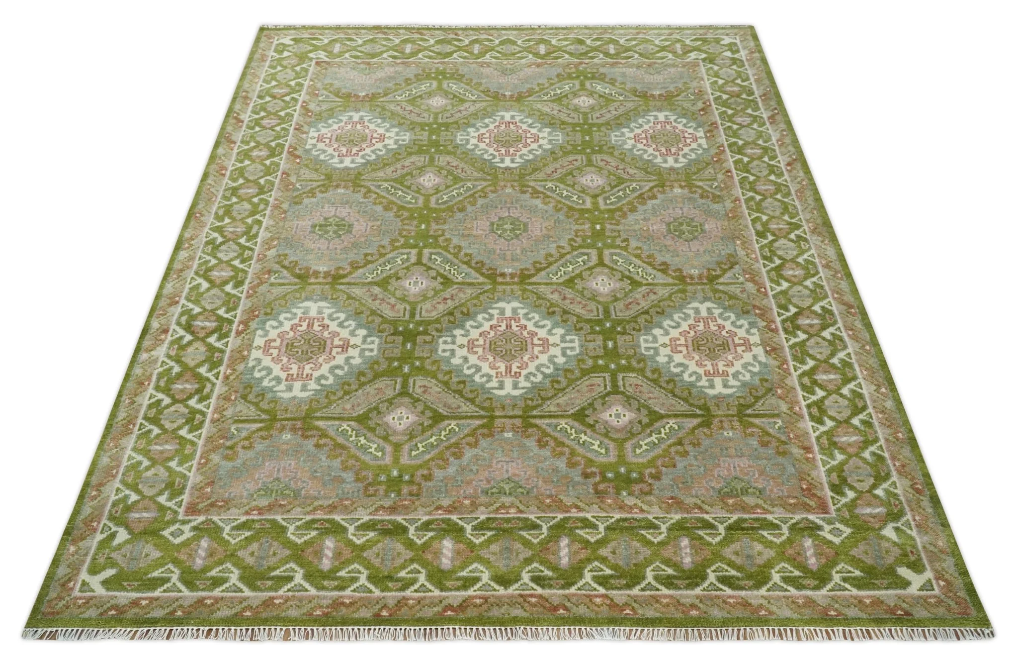 Hand Knotted Green, Ivory and Silver Oriental Traditional 9x12 Wool Area Rug - Image 10