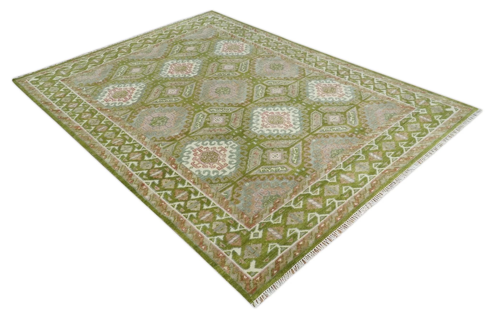 Hand Knotted Green, Ivory and Silver Oriental Traditional 9x12 Wool Area Rug - Image 9