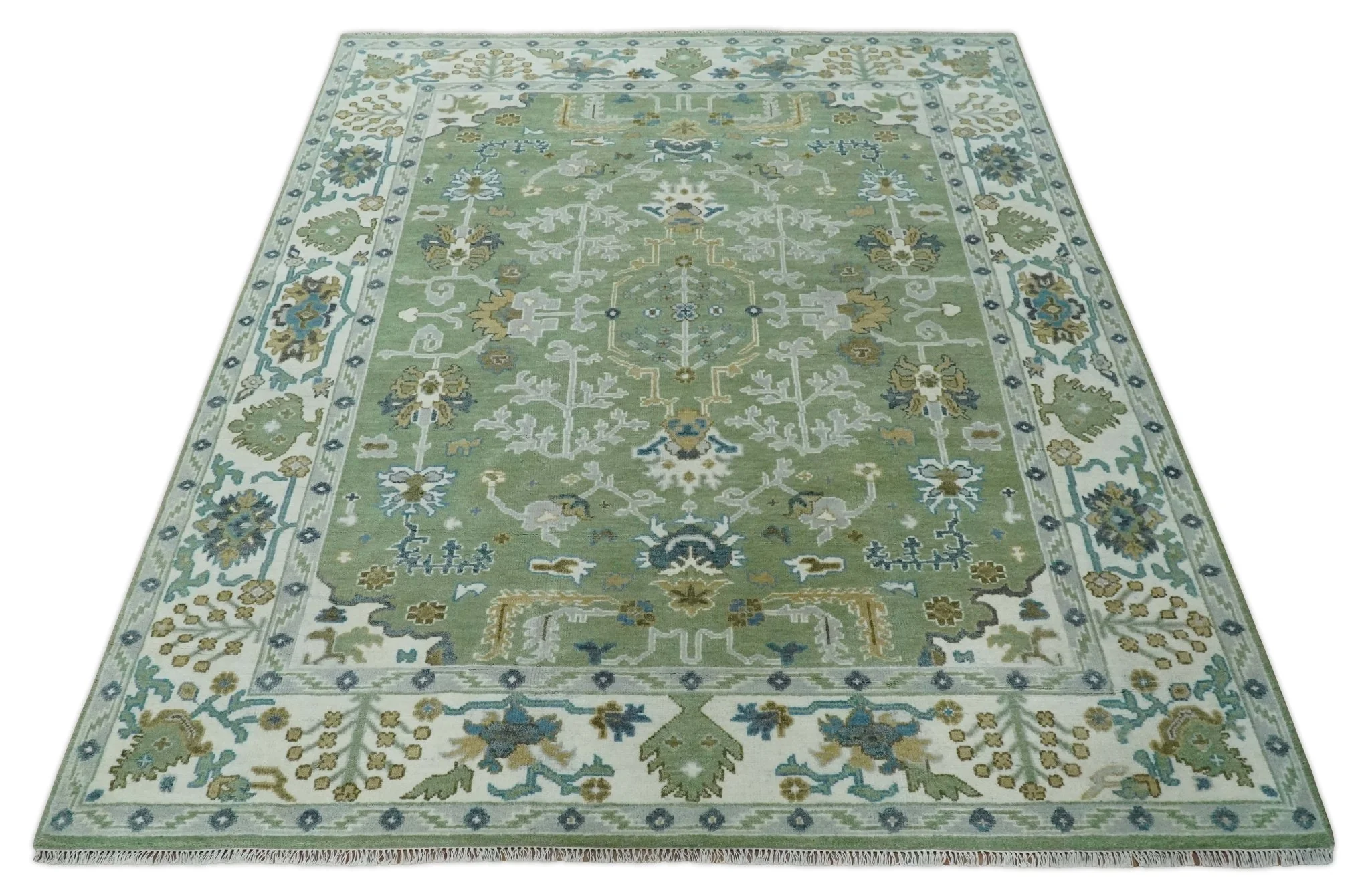 Custom Made Green, Ivory and Silver Traditional Turkish Hand Knotted Wool Rug - Image 10