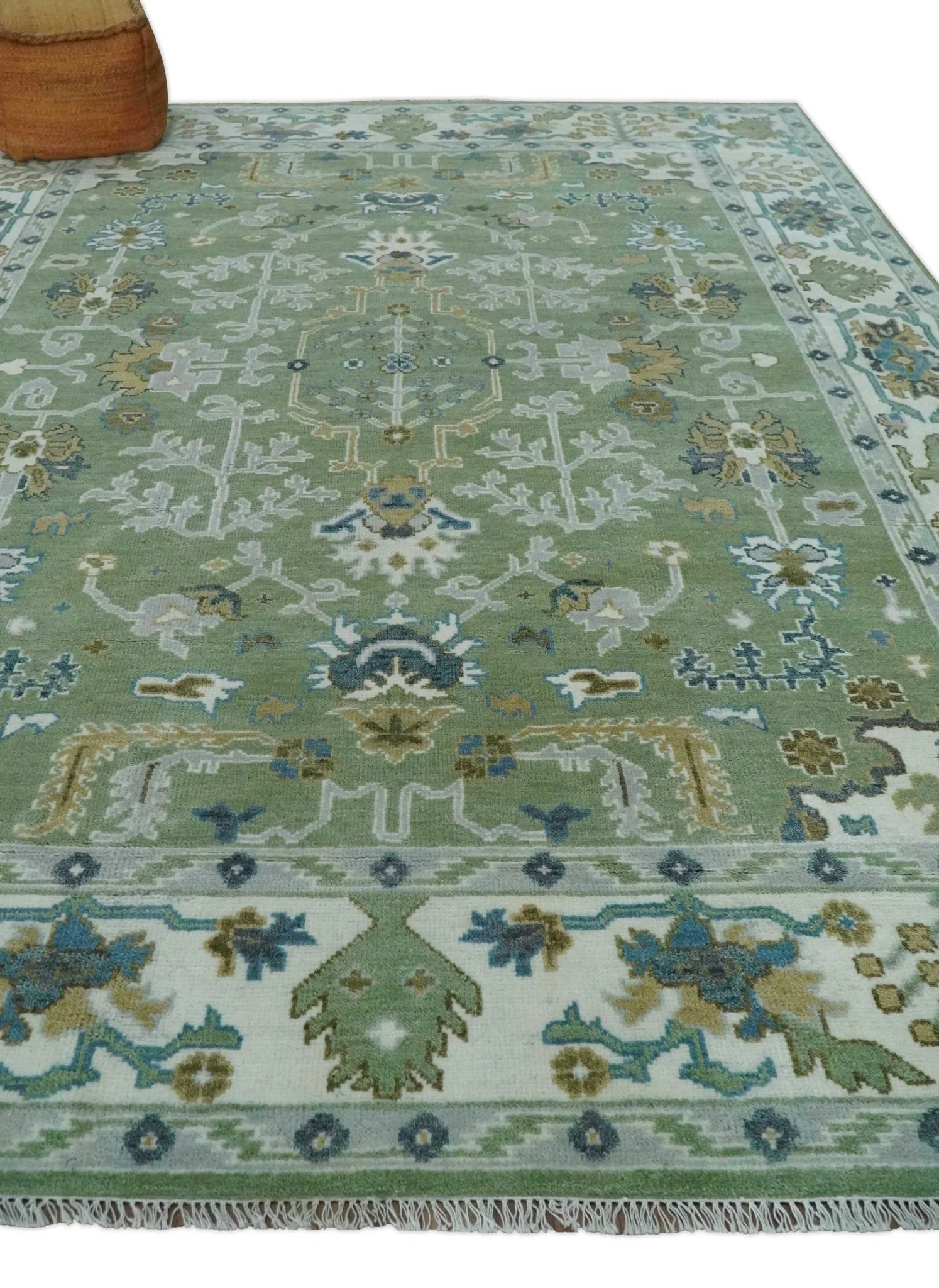 Custom Made Green, Ivory and Silver Traditional Turkish Hand Knotted Wool Rug - Image 3