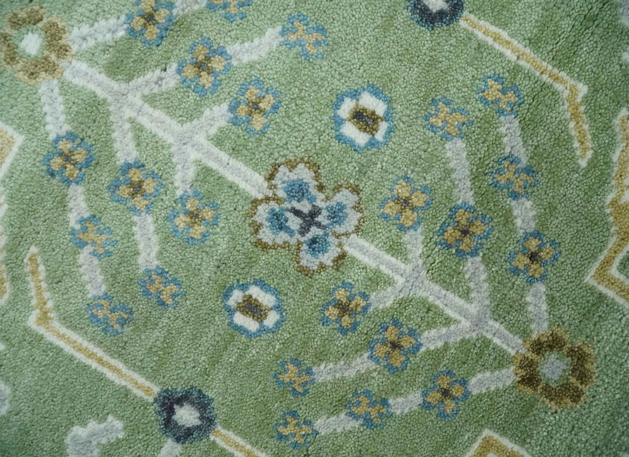 Custom Made Green, Ivory and Silver Traditional Turkish Hand Knotted Wool Rug - Image 4