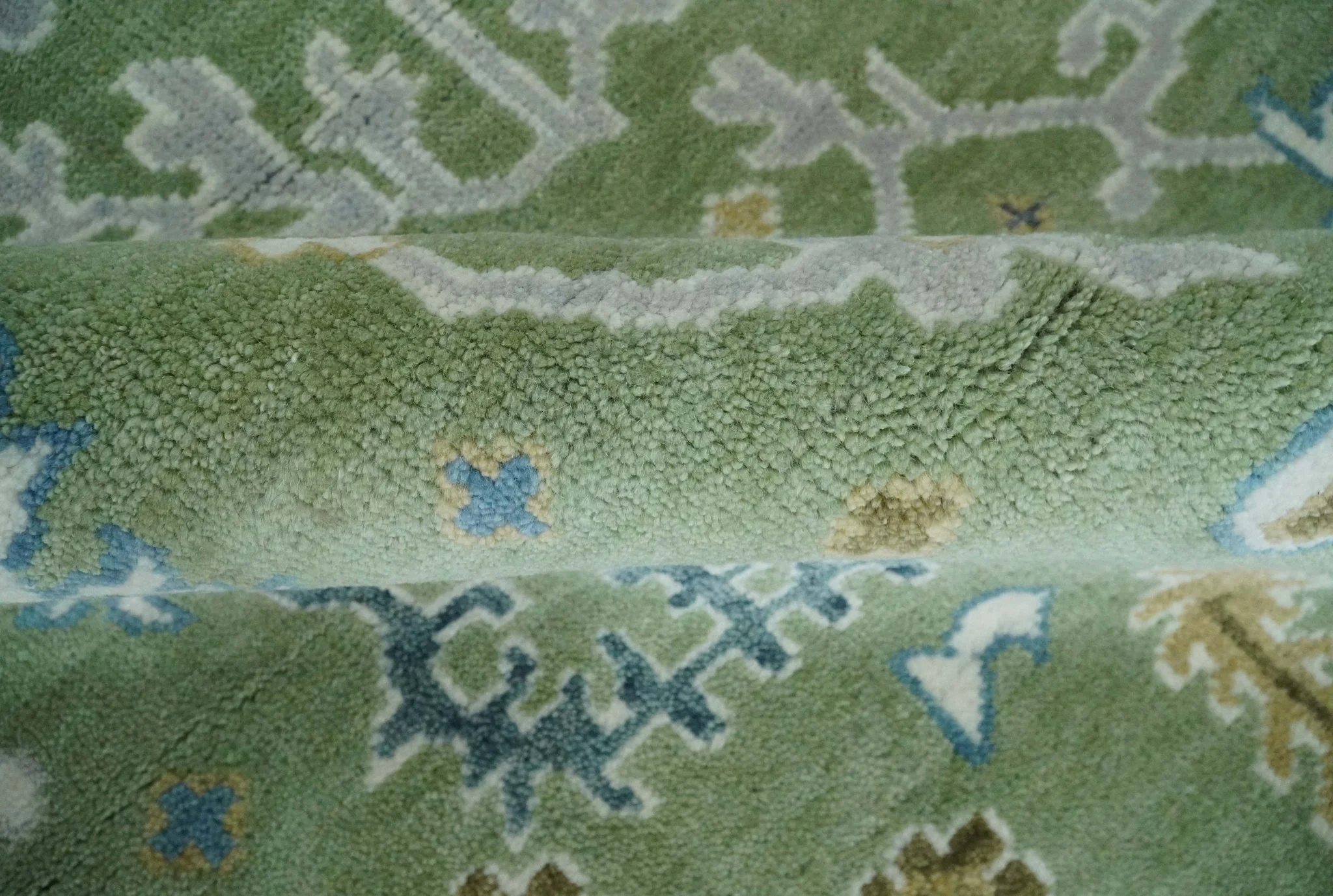 Custom Made Green, Ivory and Silver Traditional Turkish Hand Knotted Wool Rug - Image 8