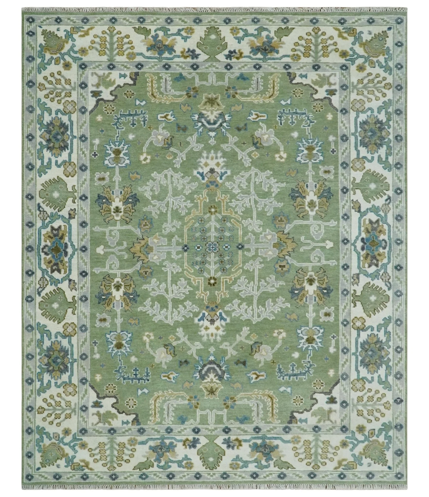 Hand Knotted Green, Ivory and Silver Traditional Turkish Vintage Style Wool Rug - Image 11