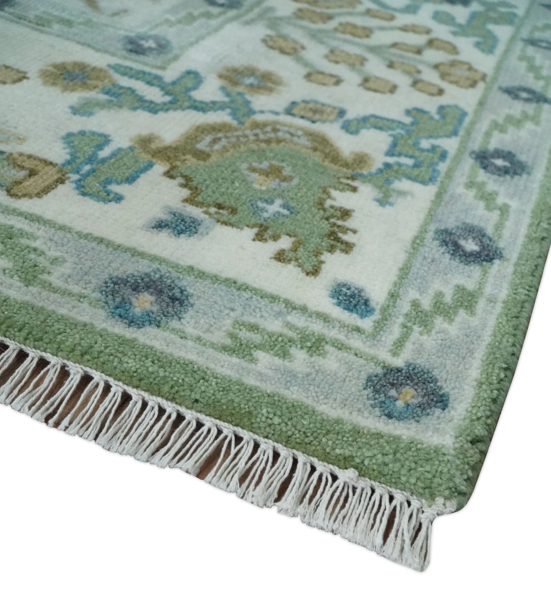Hand Knotted Green, Ivory and Silver Traditional Turkish Vintage Style Wool Rug - Image 5