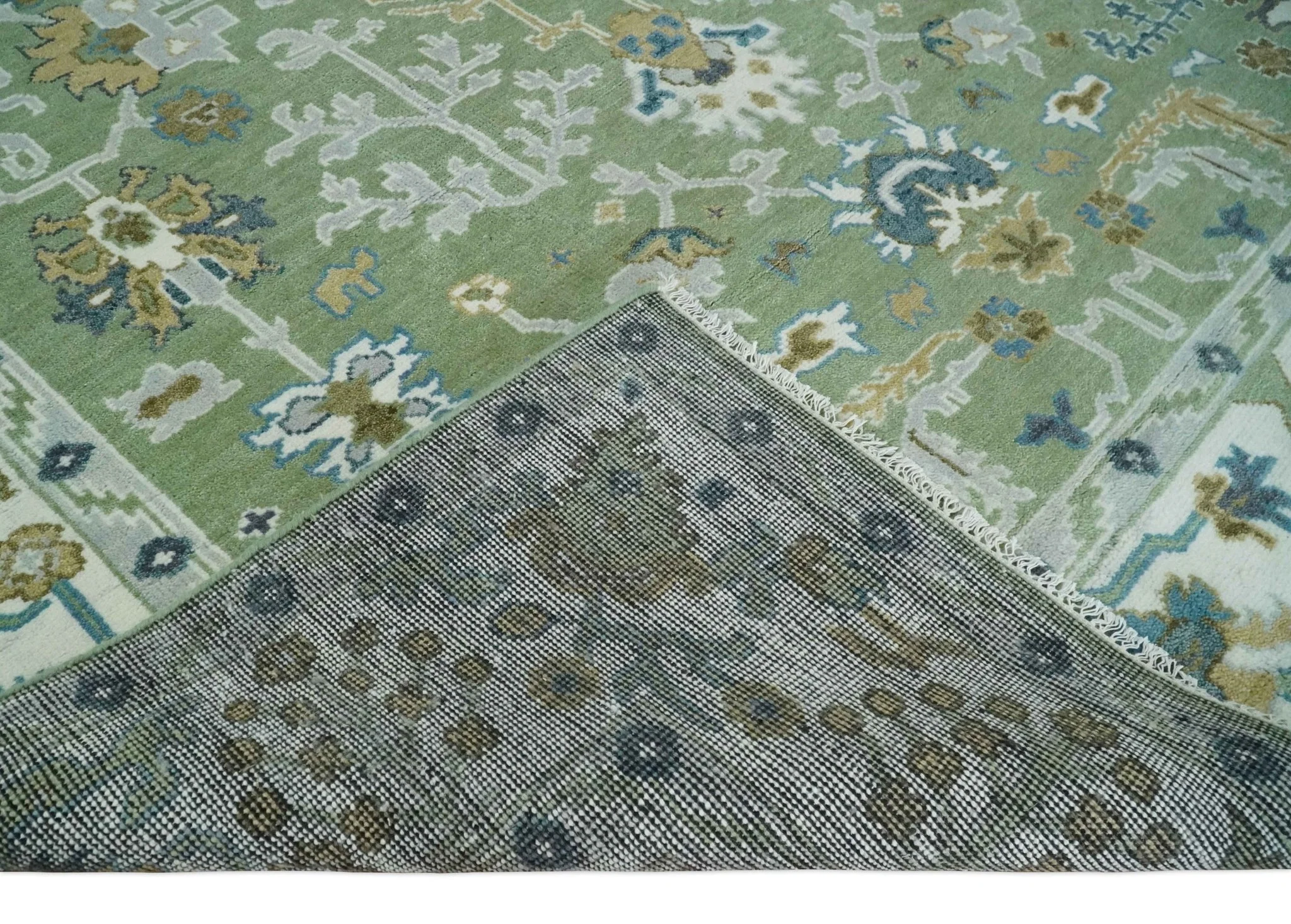 Hand Knotted Green, Ivory and Silver Traditional Turkish Vintage Style Wool Rug - Image 6