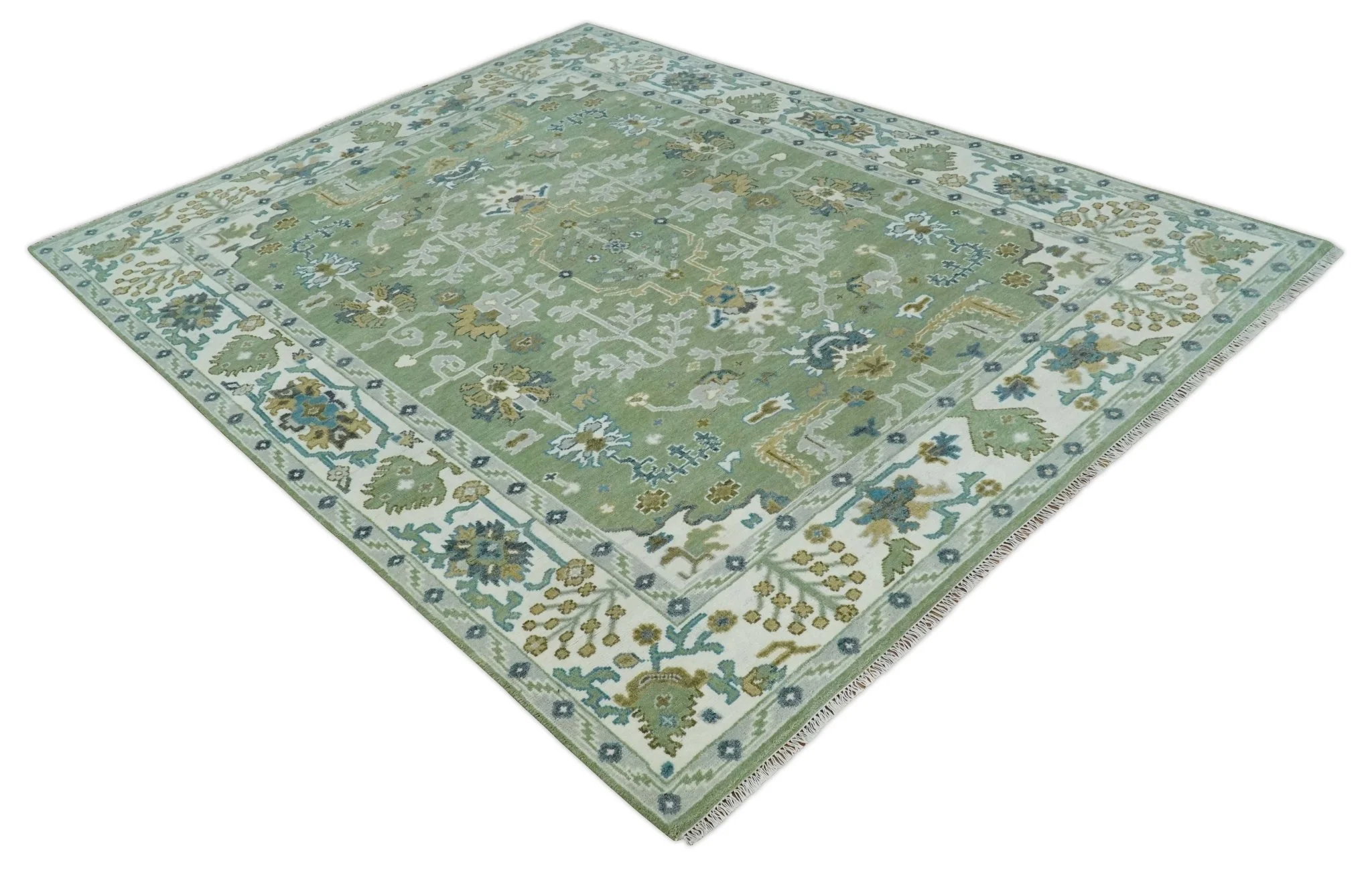 Hand Knotted Green, Ivory and Silver Traditional Turkish Vintage Style Wool Rug - Image 9