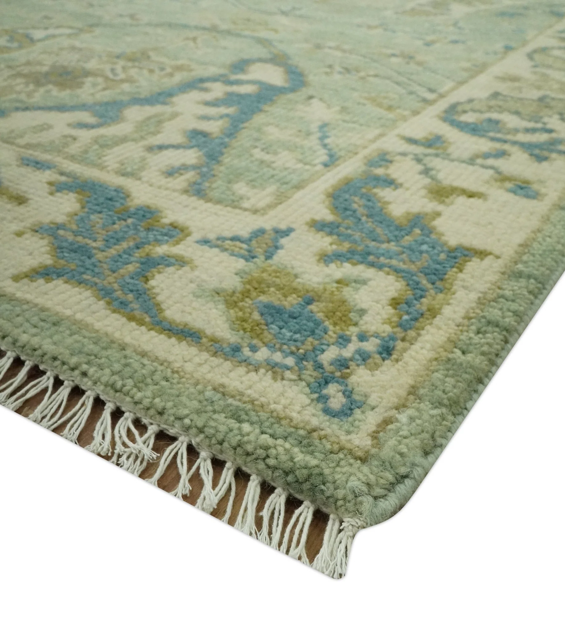 Hand Knotted Green, Olive and Teal Traditional Dragon Oushak Design Custom Made wool rug - Image 5