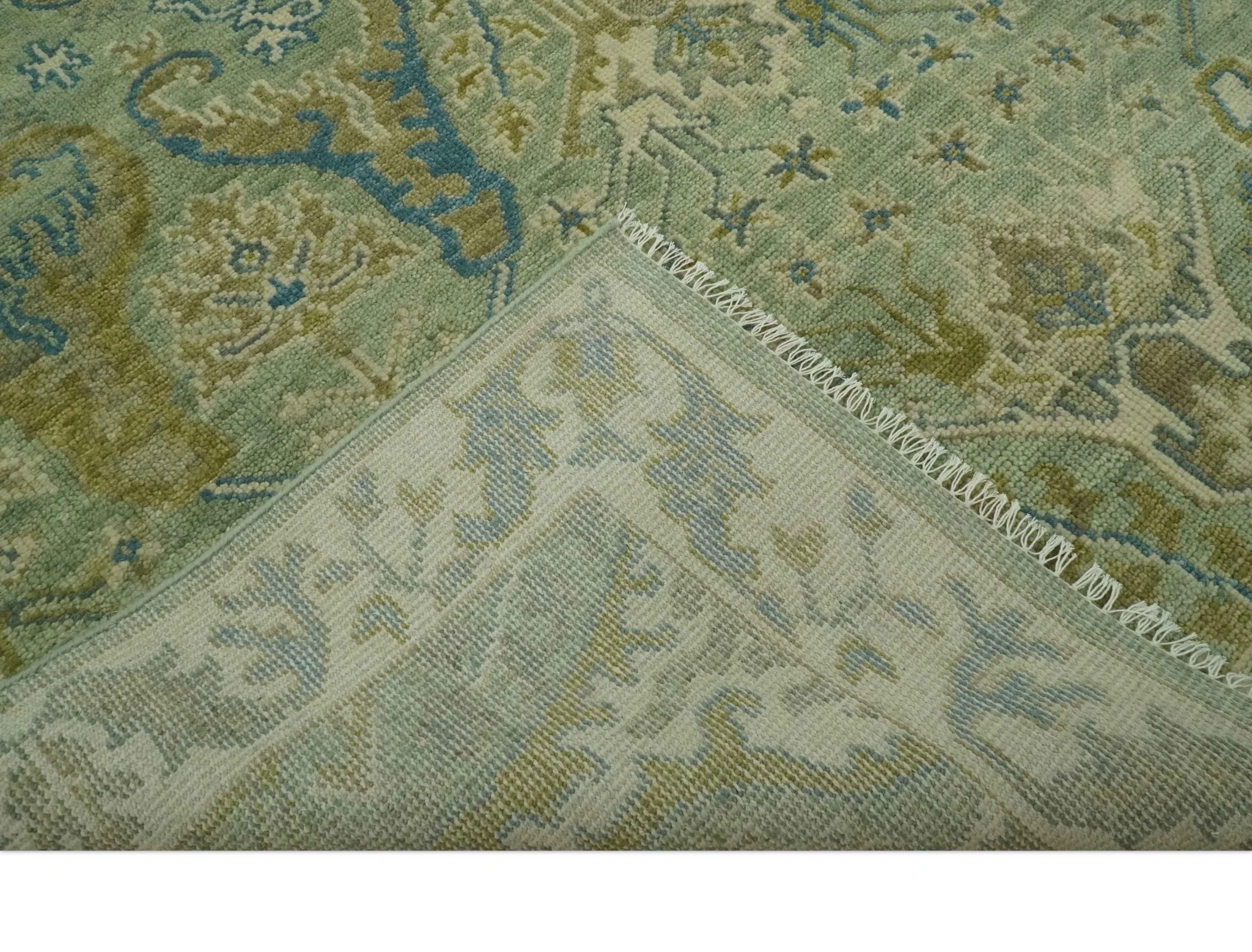 Hand Knotted Green, Olive and Teal Traditional Dragon Oushak Design Custom Made wool rug - Image 7