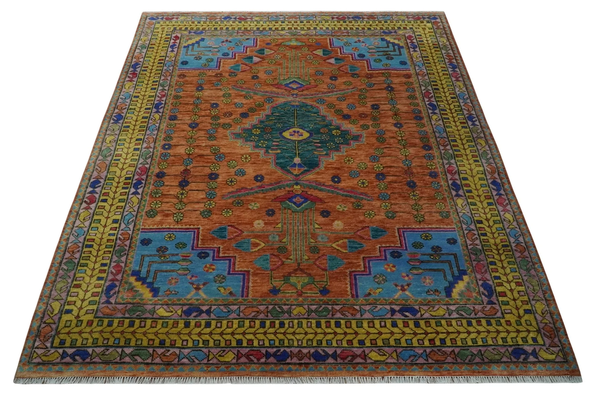 Hand Knotted Green, Rust, Yellow, Pink and Blue Traditional Floral 9x12 and 10x14 Wool Area Rug - Image 10