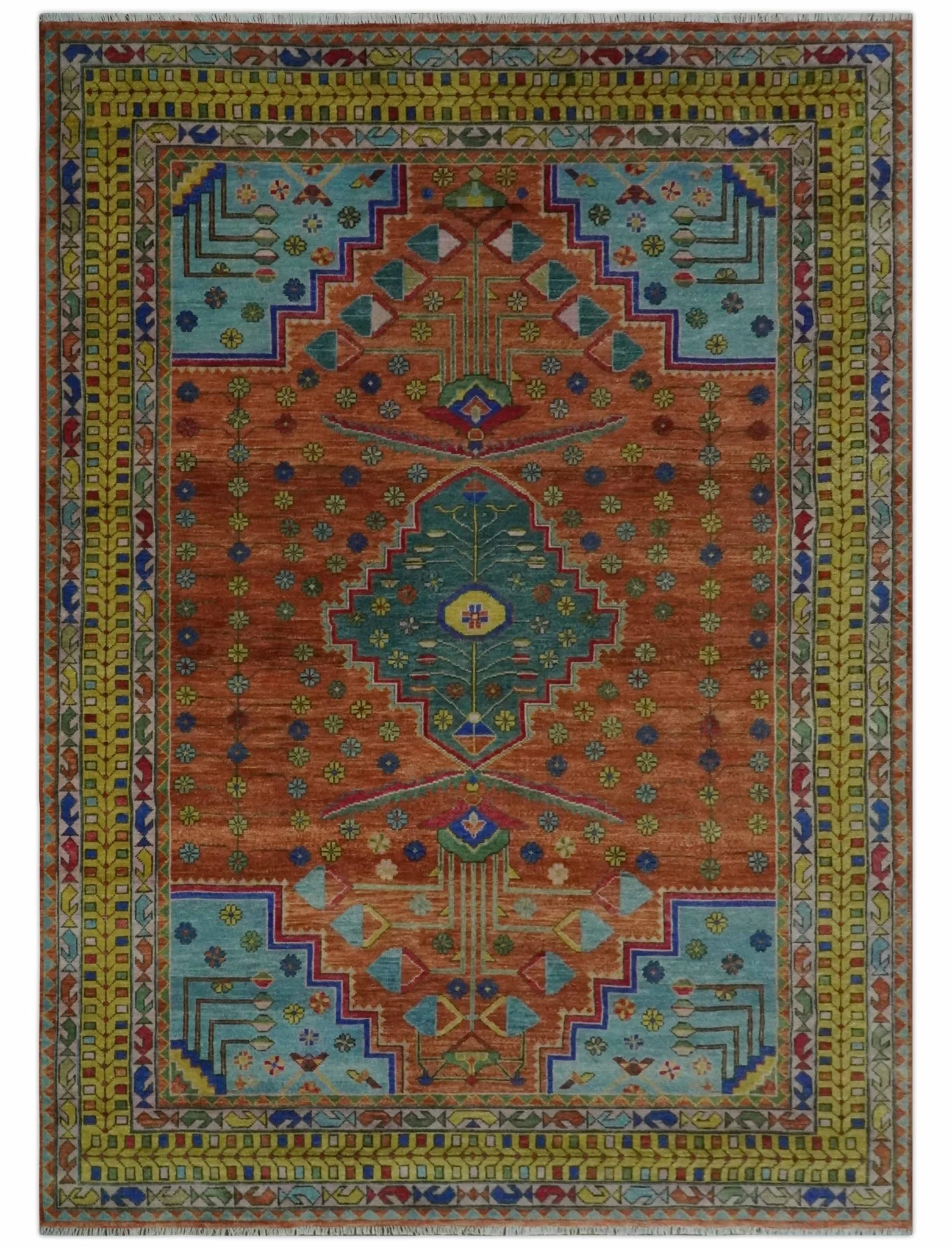 Hand Knotted Green, Rust, Yellow, Pink and Blue Traditional Floral 9x12 and 10x14 Wool Area Rug - Image 11
