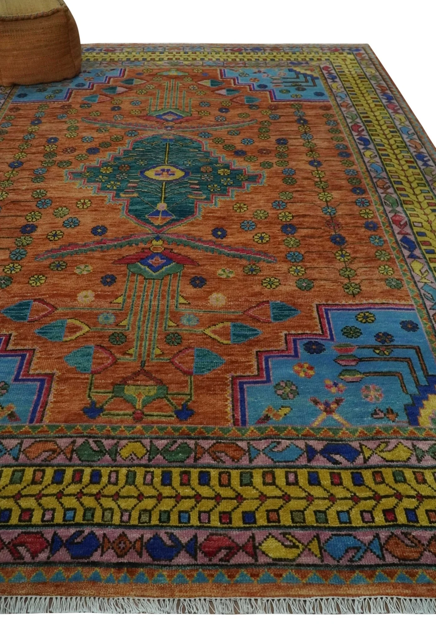 Hand Knotted Green, Rust, Yellow, Pink and Blue Traditional Floral 9x12 and 10x14 Wool Area Rug - Image 3