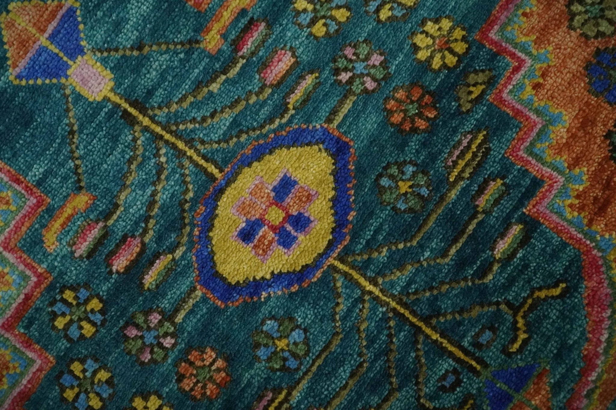 Hand Knotted Green, Rust, Yellow, Pink and Blue Traditional Floral 9x12 and 10x14 Wool Area Rug - Image 4