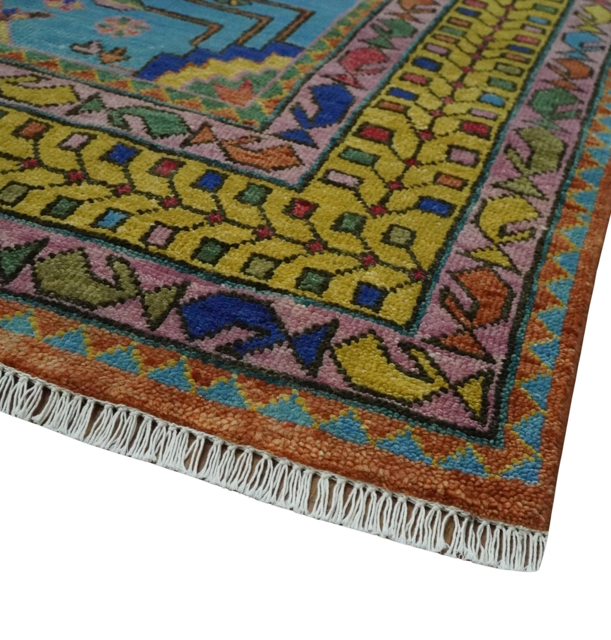 Hand Knotted Green, Rust, Yellow, Pink and Blue Traditional Floral 9x12 and 10x14 Wool Area Rug - Image 5