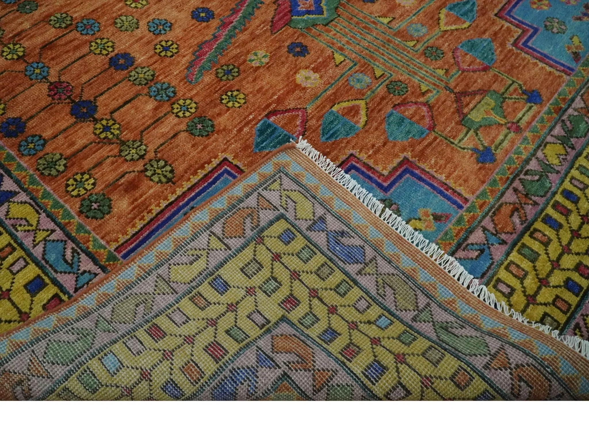 Hand Knotted Green, Rust, Yellow, Pink and Blue Traditional Floral 9x12 and 10x14 Wool Area Rug - Image 6