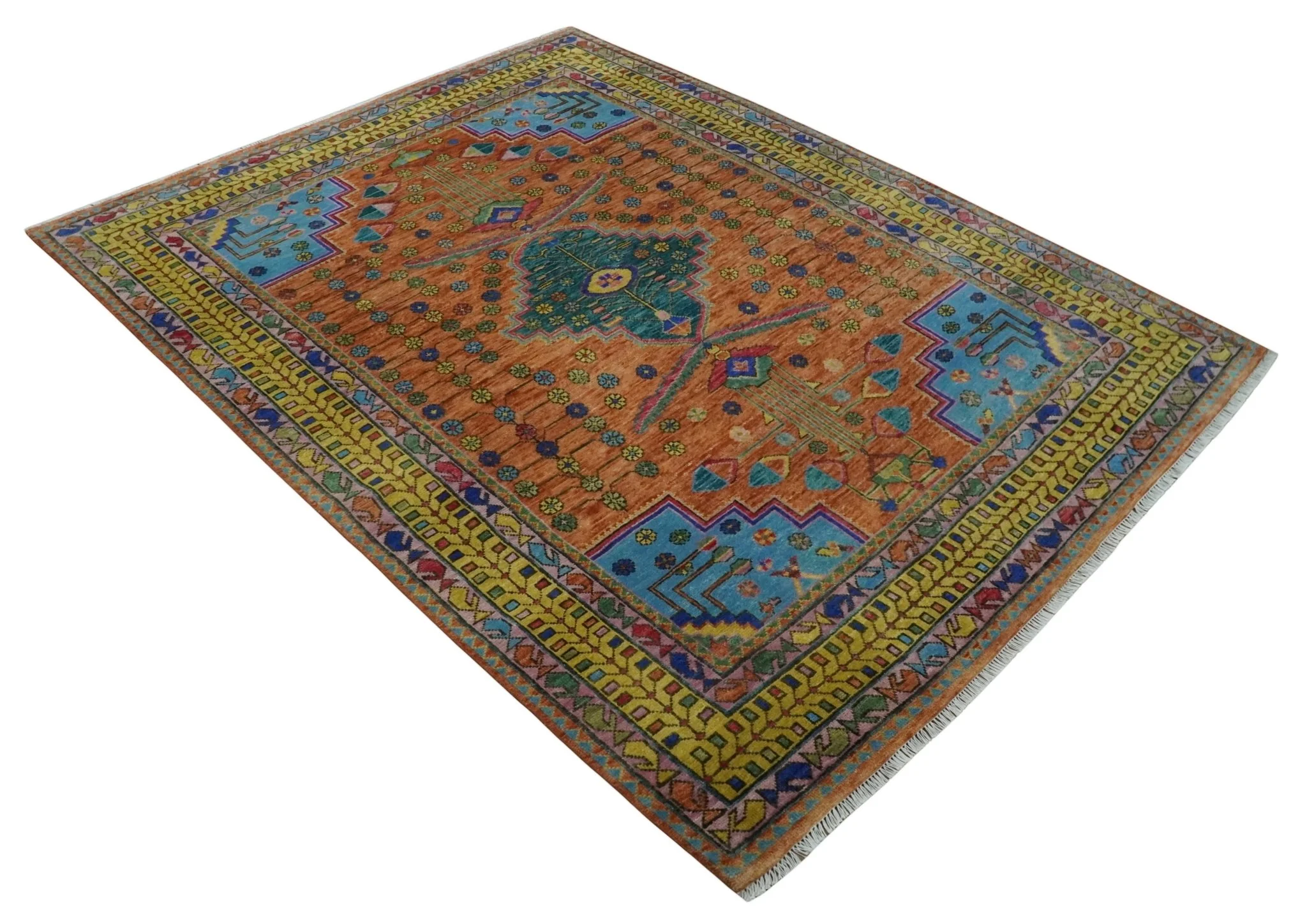 Hand Knotted Green, Rust, Yellow, Pink and Blue Traditional Floral 9x12 and 10x14 Wool Area Rug - Image 9