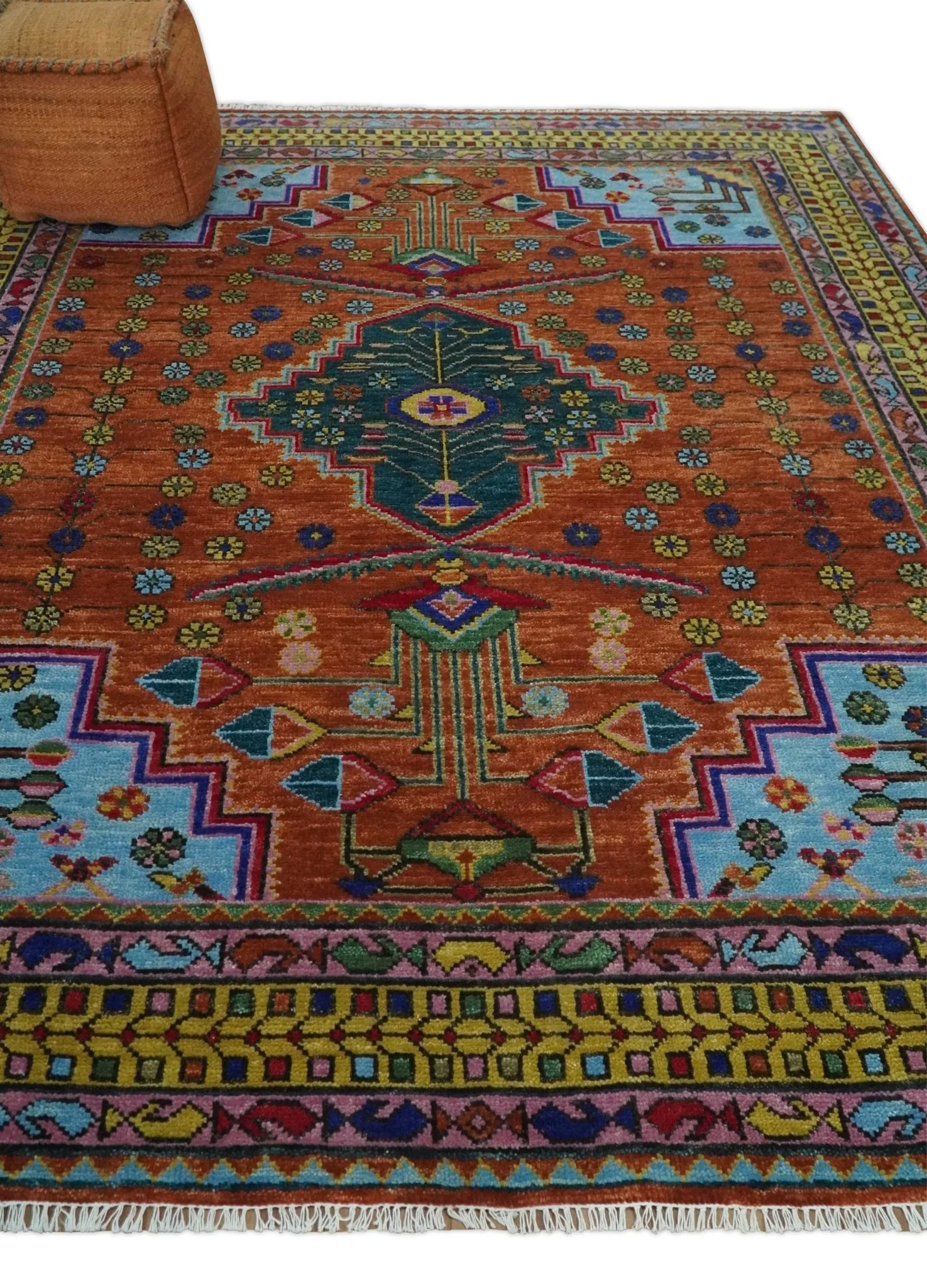 Hand Knotted Green, Rust, Yellow, Pink and Blue Traditional Floral Multi Size Wool Area Rug - Image 3