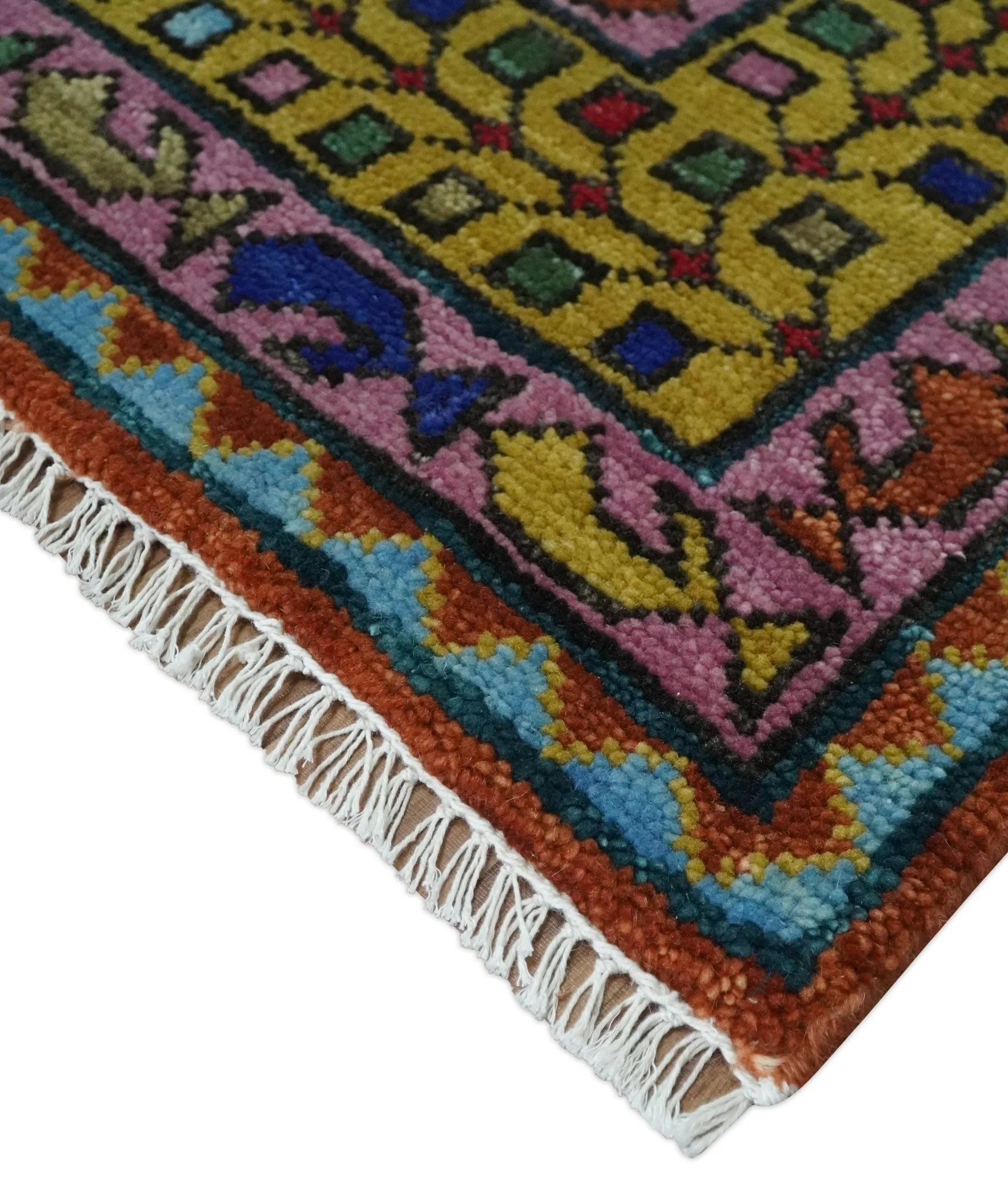 Hand Knotted Green, Rust, Yellow, Pink and Blue Traditional Floral Multi Size Wool Area Rug - Image 5