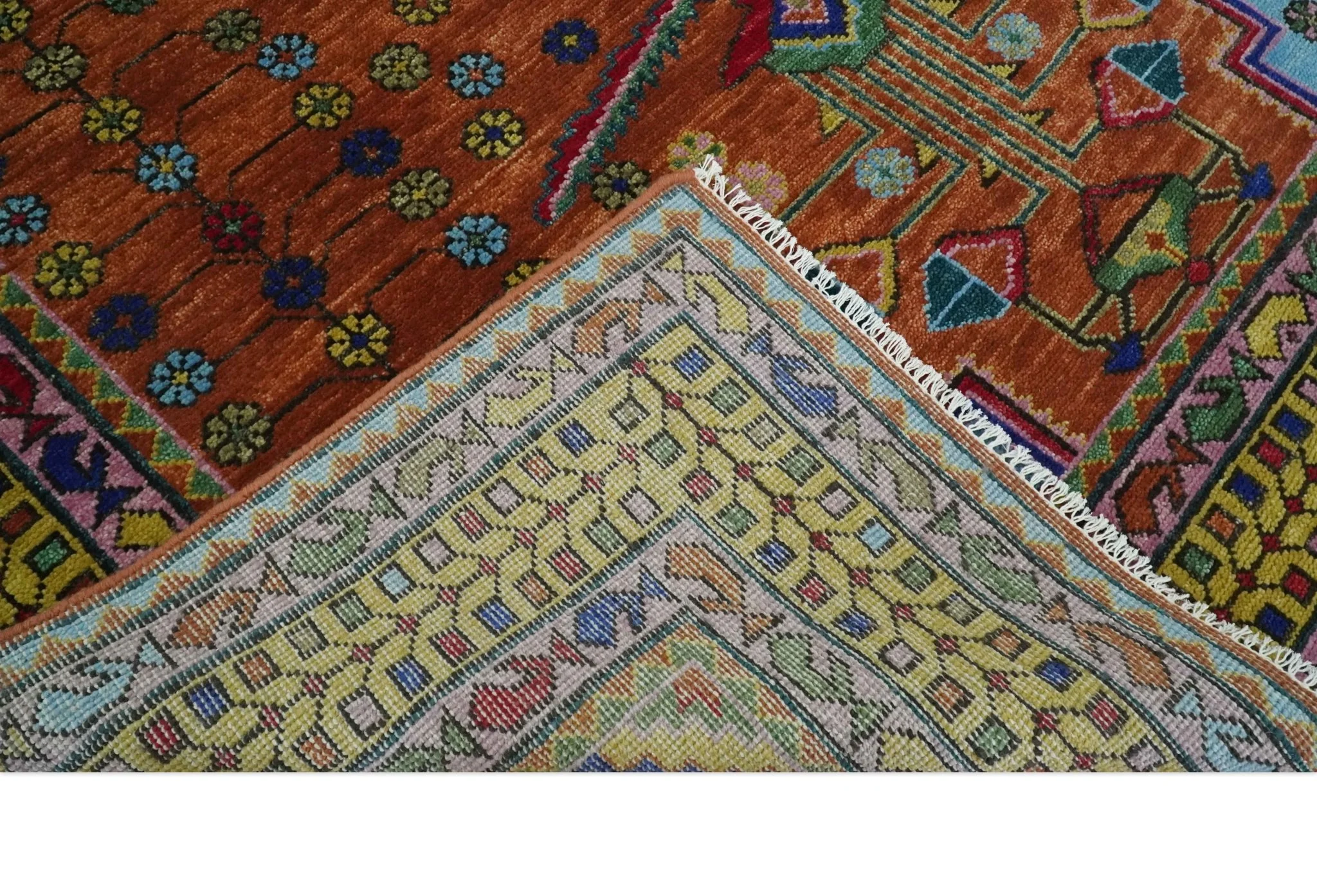 Hand Knotted Green, Rust, Yellow, Pink and Blue Traditional Floral Multi Size Wool Area Rug - Image 7