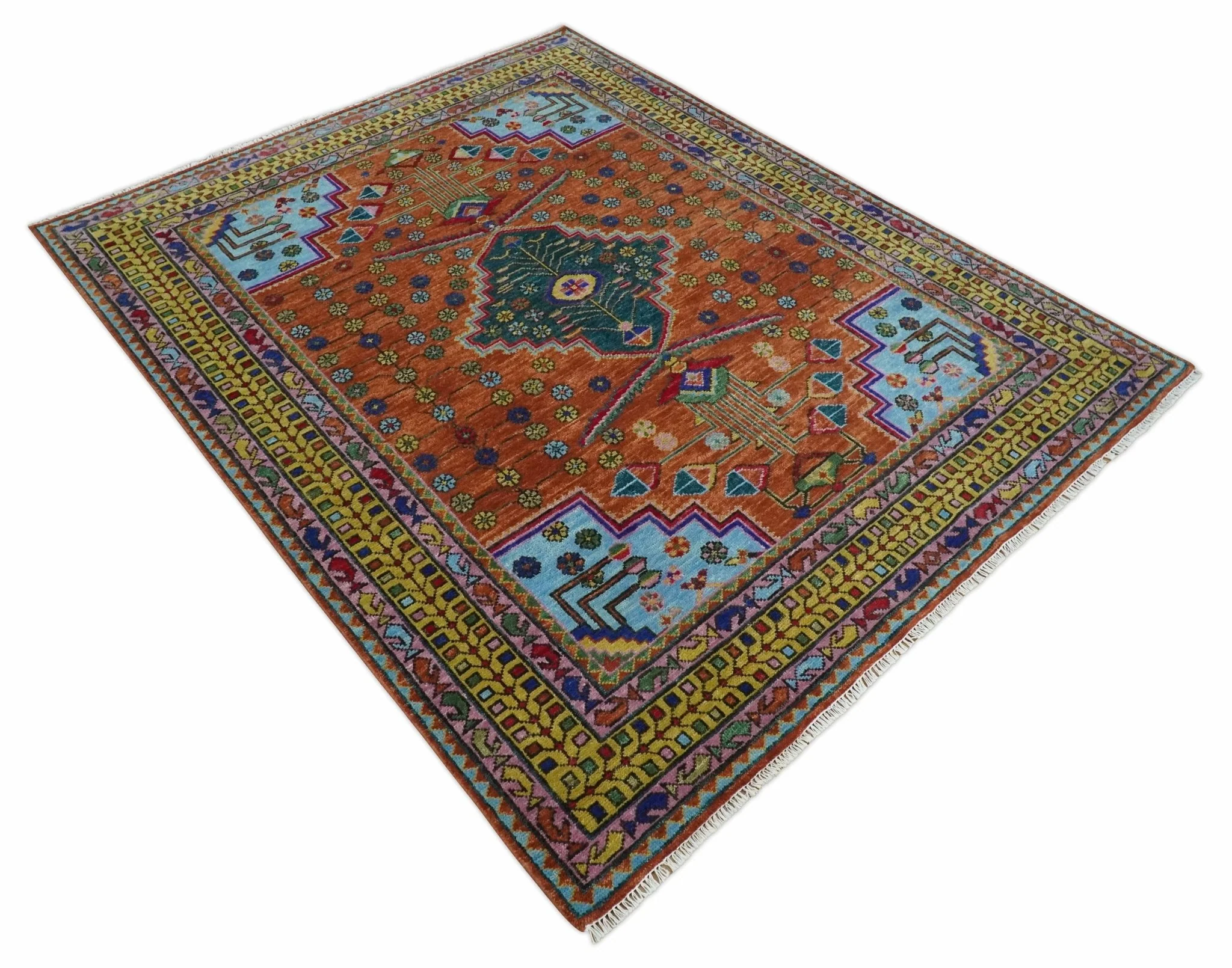 Hand Knotted Green, Rust, Yellow, Pink and Blue Traditional Floral Multi Size Wool Area Rug - Image 8