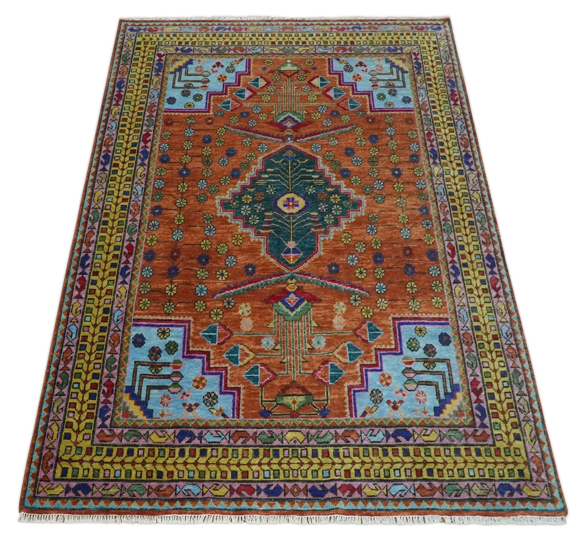 Hand Knotted Green, Rust, Yellow, Pink and Blue Traditional Floral Multi Size Wool Area Rug - Image 9