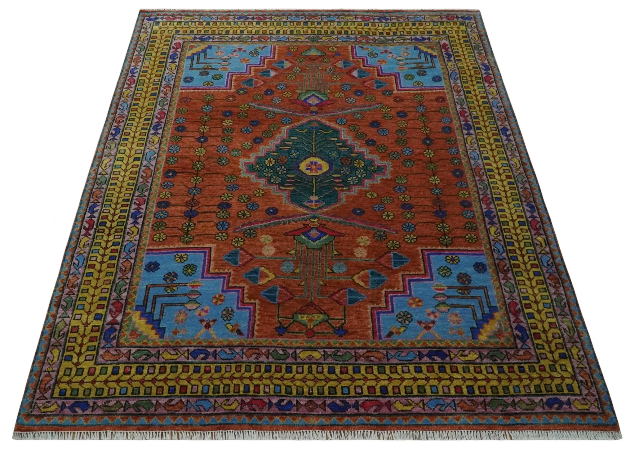Hand Knotted Green, Rust, Yellow, Pink and Blue Traditional Floral 8x10 Wool Area Rug - Image 10