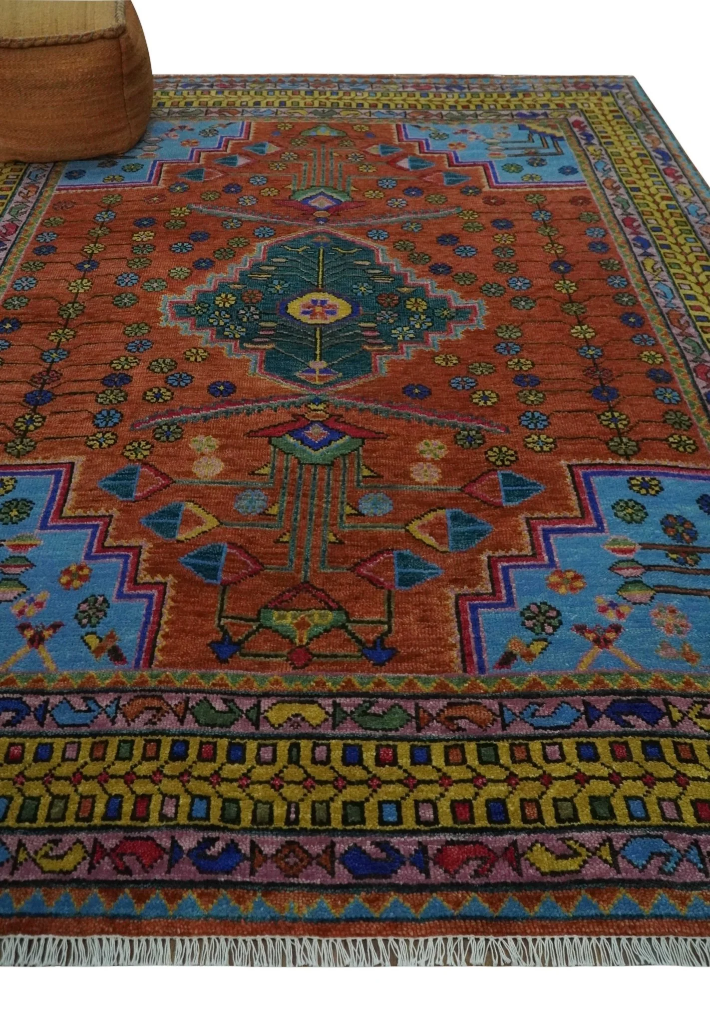 Hand Knotted Green, Rust, Yellow, Pink and Blue Traditional Floral 8x10 Wool Area Rug - Image 3