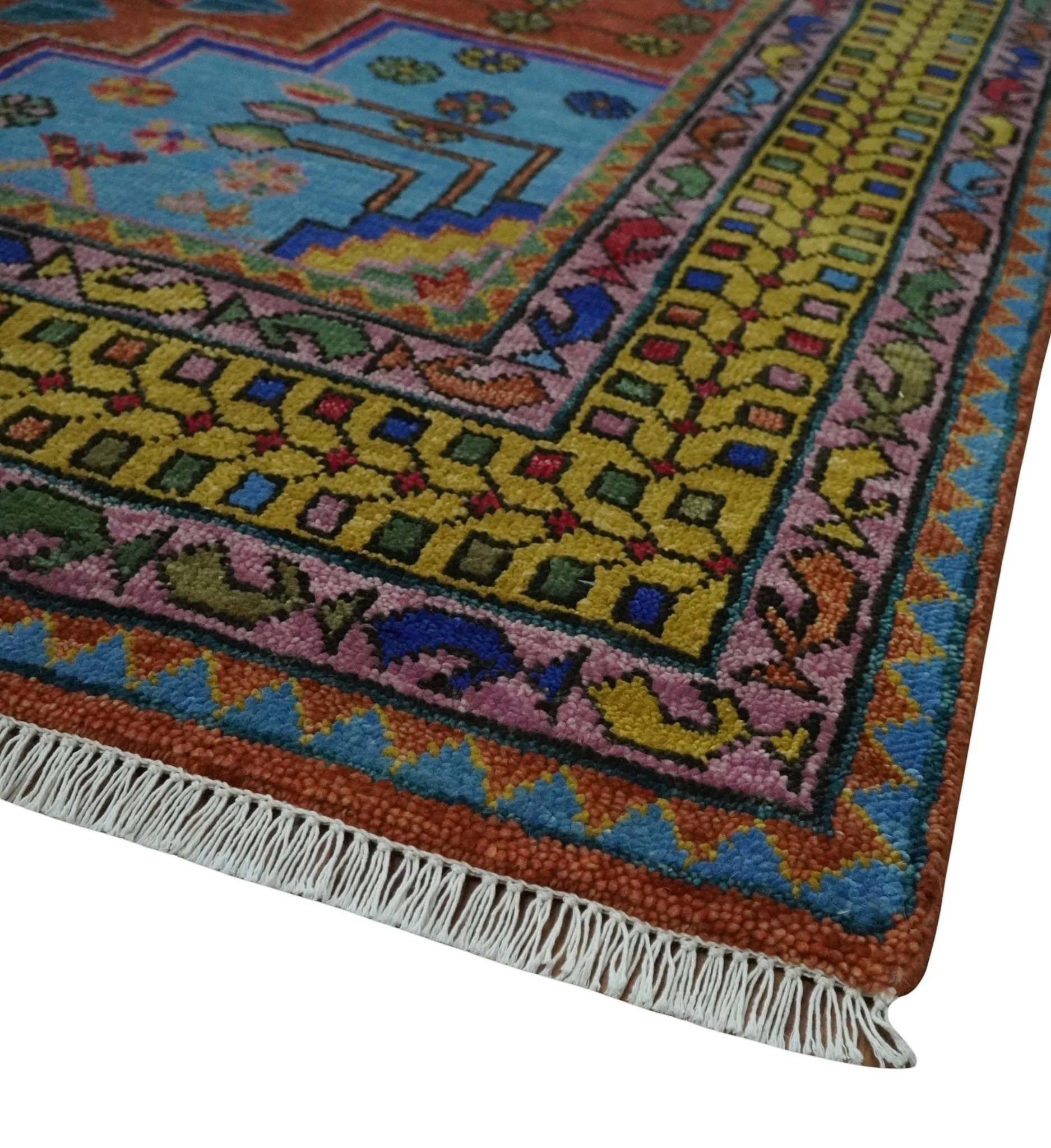 Hand Knotted Green, Rust, Yellow, Pink and Blue Traditional Floral 8x10 Wool Area Rug - Image 5