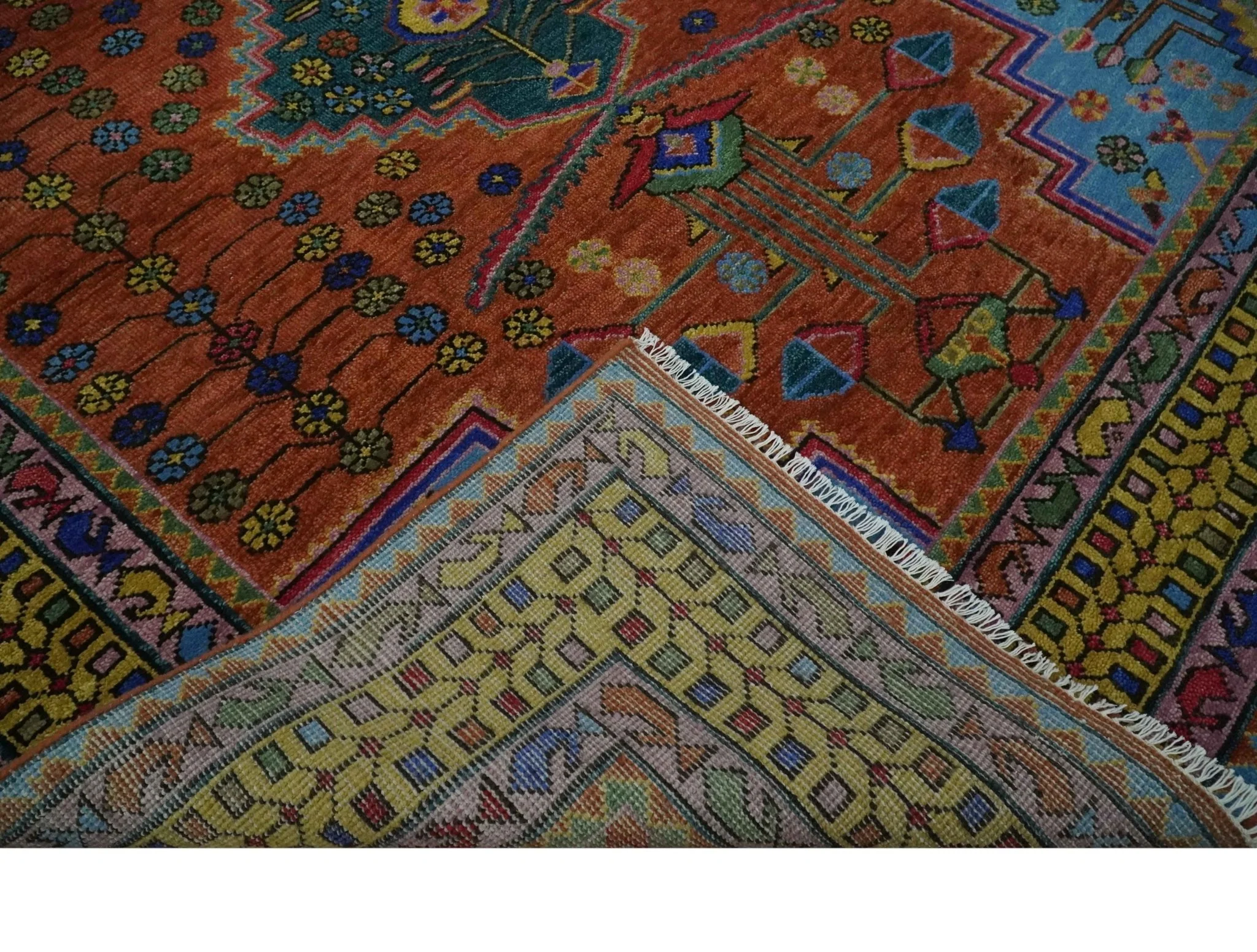 Hand Knotted Green, Rust, Yellow, Pink and Blue Traditional Floral 8x10 Wool Area Rug - Image 7